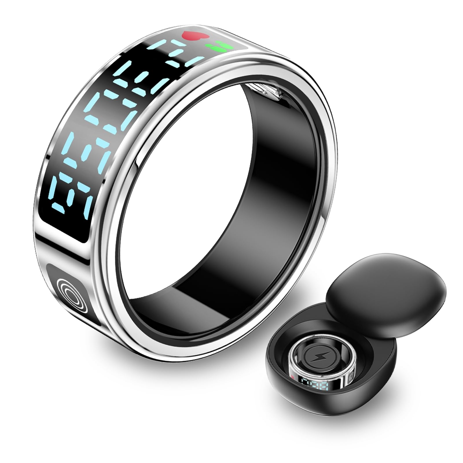 Smart Ring with Digital Display - Health & Fitness Tracker for Heart Rate, Blood Oxygen & Sleep Monitoring | Waterproof Activity Tracker | TikTok Remote Control | No Subscription Needed (Silver, Size 8) | Perfect for Workouts, Sleep Tracking & Social Media Control