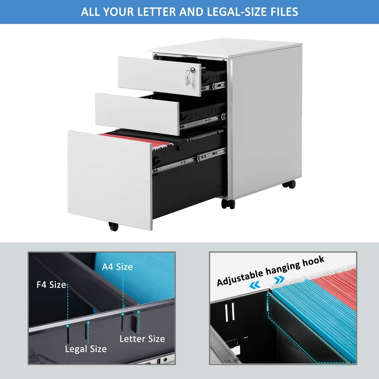 3-Drawer Metal File Cabinet with Lock & Wheels - Large Under Desk Storage for Office & Home - Fully Assembled White Filing Cabinet - Perfect for Organizing Documents, Files & Office Supplies