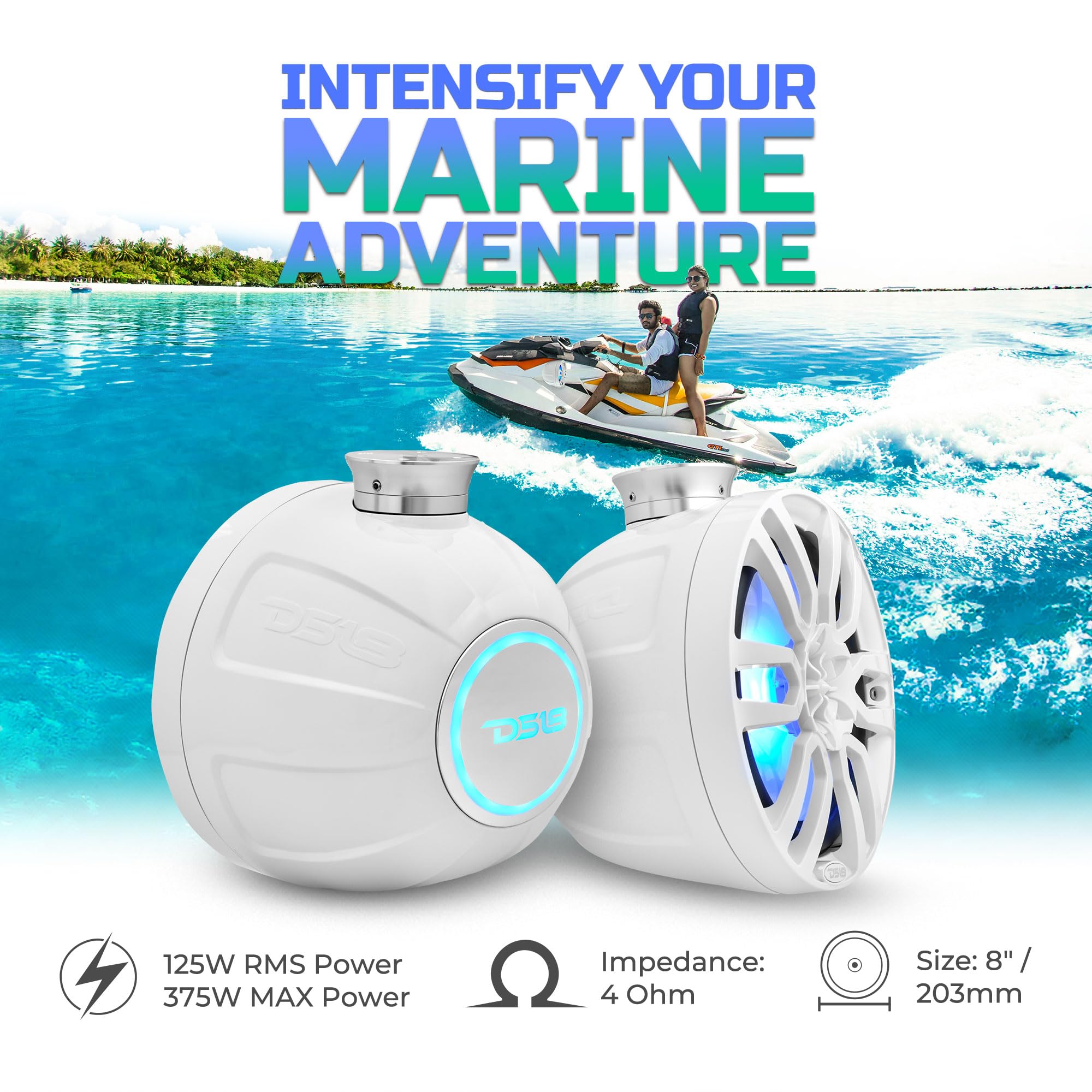 DS18 CF-PS8 2-Way Wakeboard Tower Speakers with Integrated RGB Lights - 375 MAX - Perfect for Jet Skis, ATV, UTV, Jeep, Side by Side, Marine, RZR - Ideal for Boating, Off-Road Adventures, and Outdoor Parties