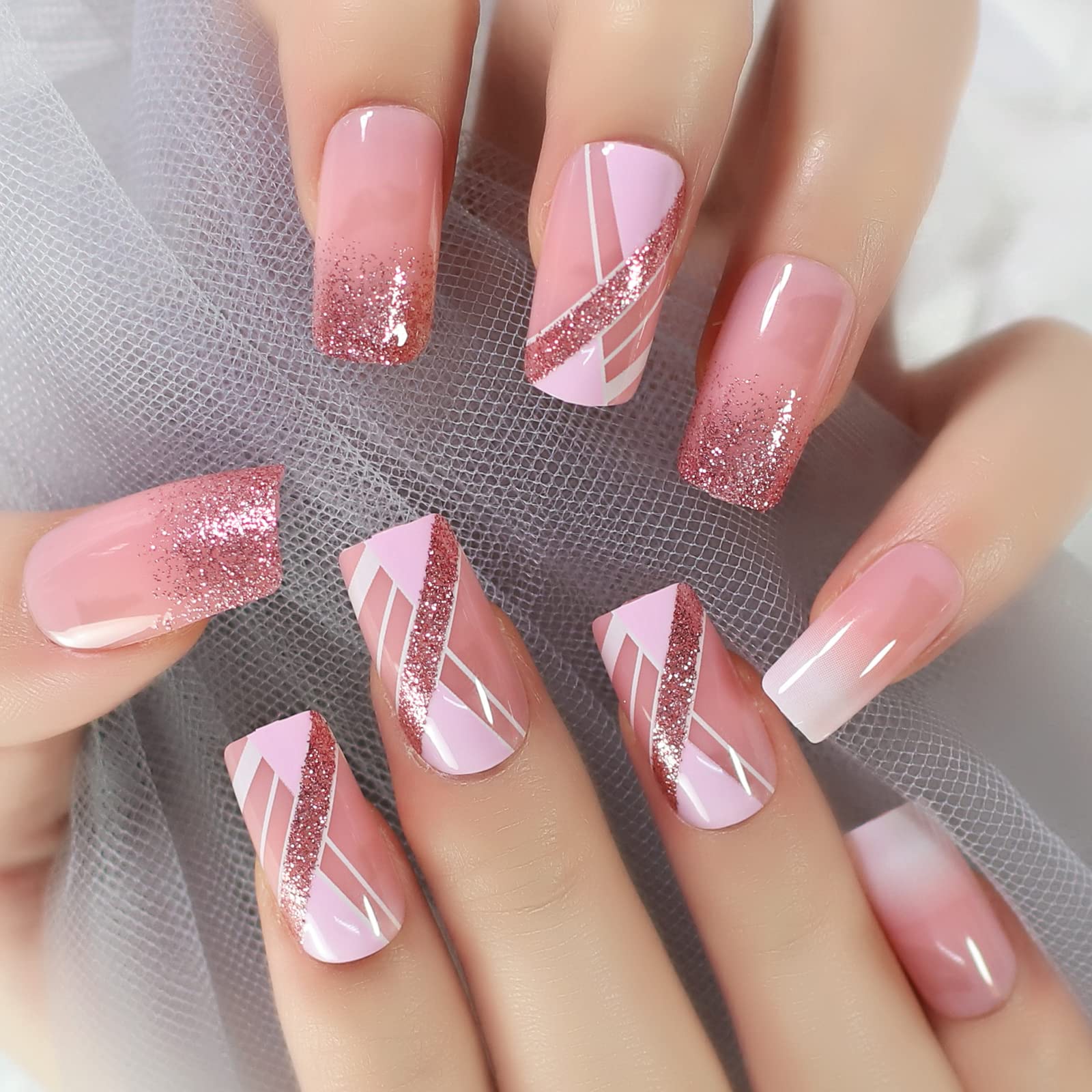 Pink Glitter French Line Geometry False Nails - Medium Square Glossy White Squoval Press On Nails (24 pcs/Kit) for Parties, Weddings & Special Occasions