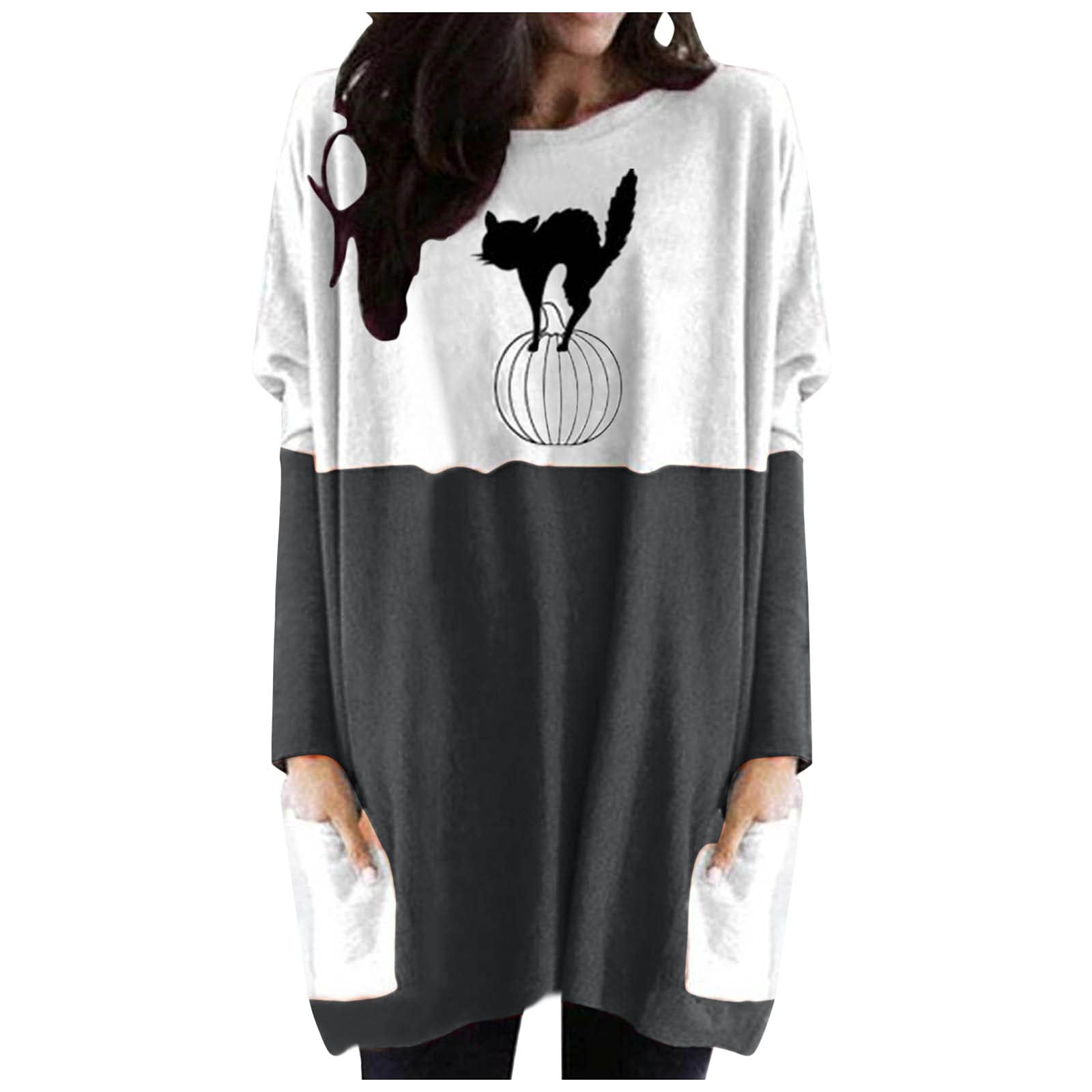 Gemira Women's Cropped Long Sleeve Top - Halloween Winter Round Neck Printed Sweater with Spliced Sleeves in White | Casual Outfit, Party Wear, Seasonal Fashion
