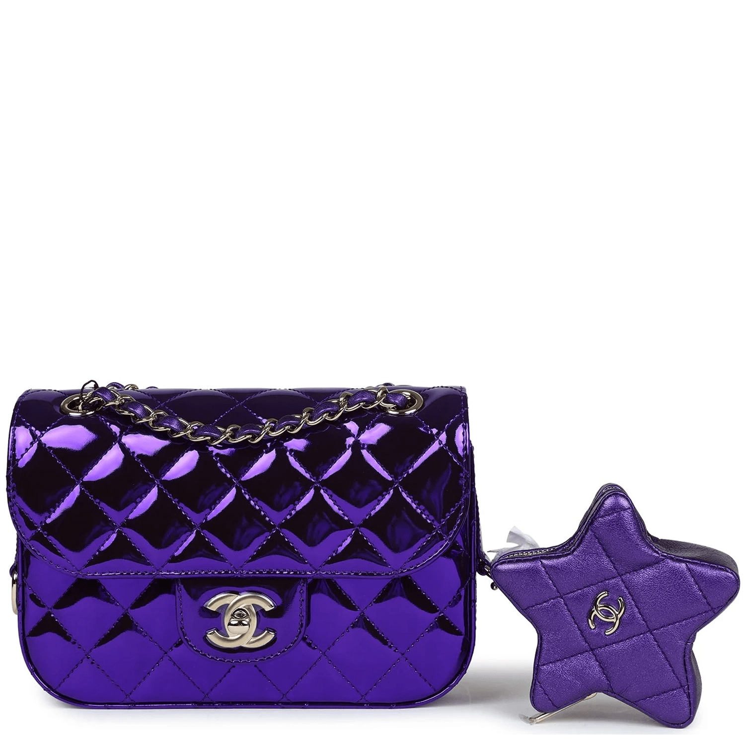 Chanel Mini Flap Bag with Star Coin Purse - Purple Mirror Calfskin & Metallic Calfskin with Light Gold Hardware | Luxury Crossbody Bag for Women, Perfect for Evening Parties & Special Occasions
