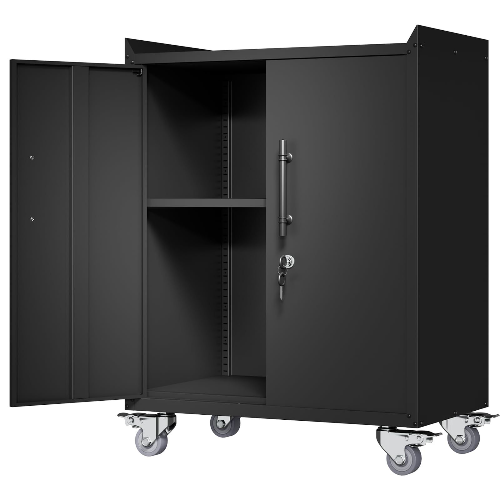 Heavy Duty Lockable Metal Storage Cabinet with Adjustable Shelves & Wheels - 35.4