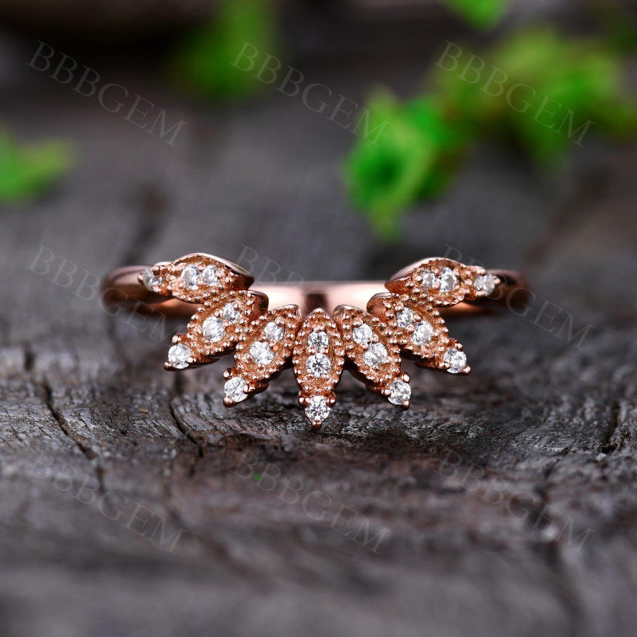 Vintage Curved Moissanite Wedding Band - Solid 14K Rose Gold Marquise Cut Engagement Ring for Women | Perfect for Bridal Jewelry, Anniversary Gifts & Special Occasions
