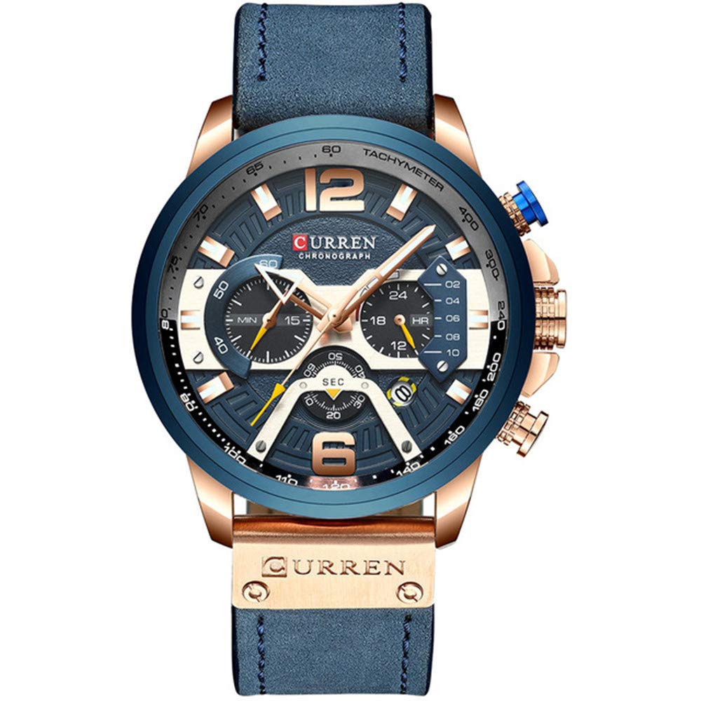 Men's Casual Sport Watch - Blue Luxury Military Leather Chronograph Wristwatch for Outdoor, Work & Everyday Wear