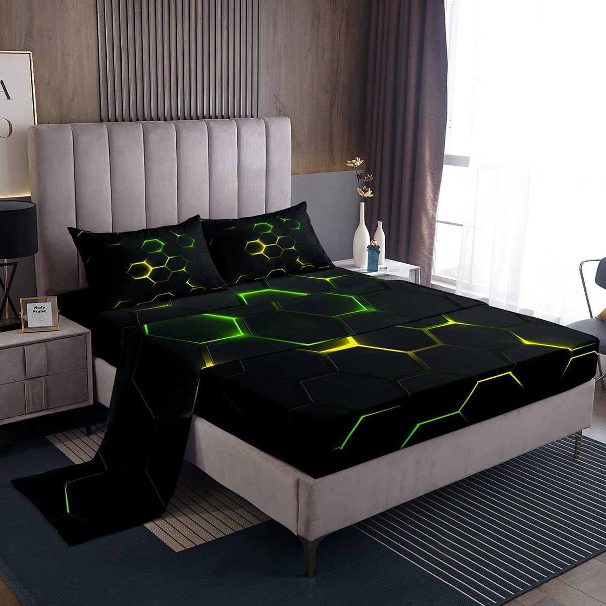 Hexagon Honeycomb Bed Sheets for Kids - 3 Piece Twin Size Set with Deep Pocket Fitted Sheet, Flat Sheet & Pillow Sham | Modern Geometric Design in Vibrant Yellow Green Neon | Perfect for Boys' Bedrooms, Dorm Rooms & Play Areas