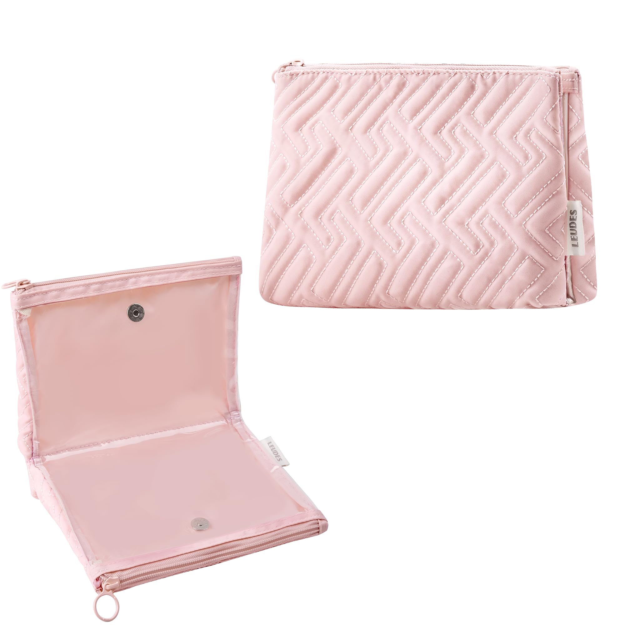 Leudes Pink Medium Makeup Bag for Women - Cute Travel Cosmetic Organizer with Zipper, Clear Skincare Pouch for Toiletries | Perfect for Traveling, Gym, Work & Daily Essentials Storage