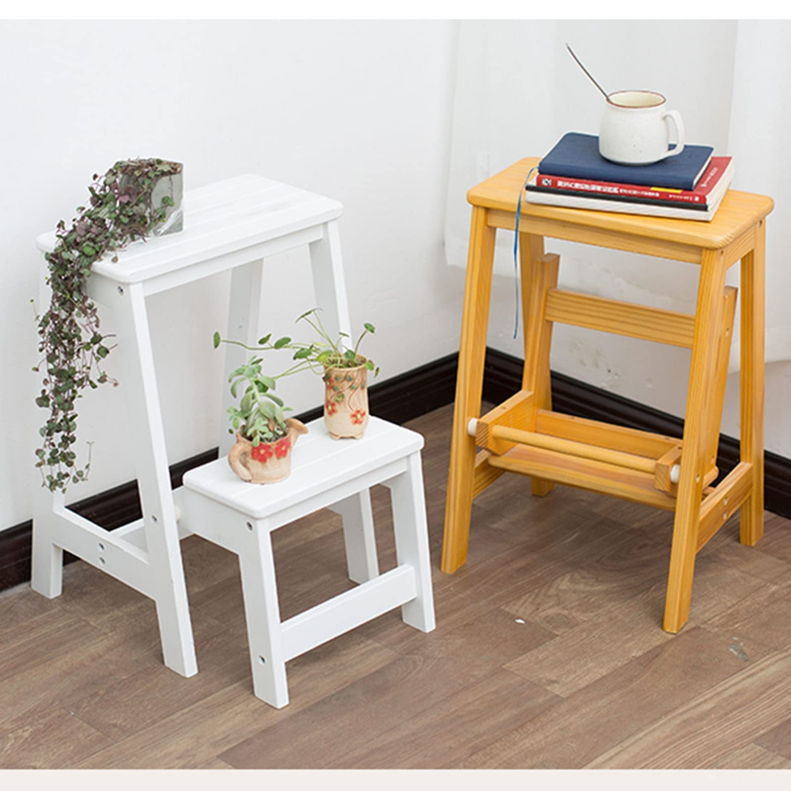 2-Tier Folding Step Stool - Portable Wooden Stair Chair & Shoe Bench for Home, Kitchen, Bathroom - White Multi-Functional Shelf for Decor, Library & Plant Display