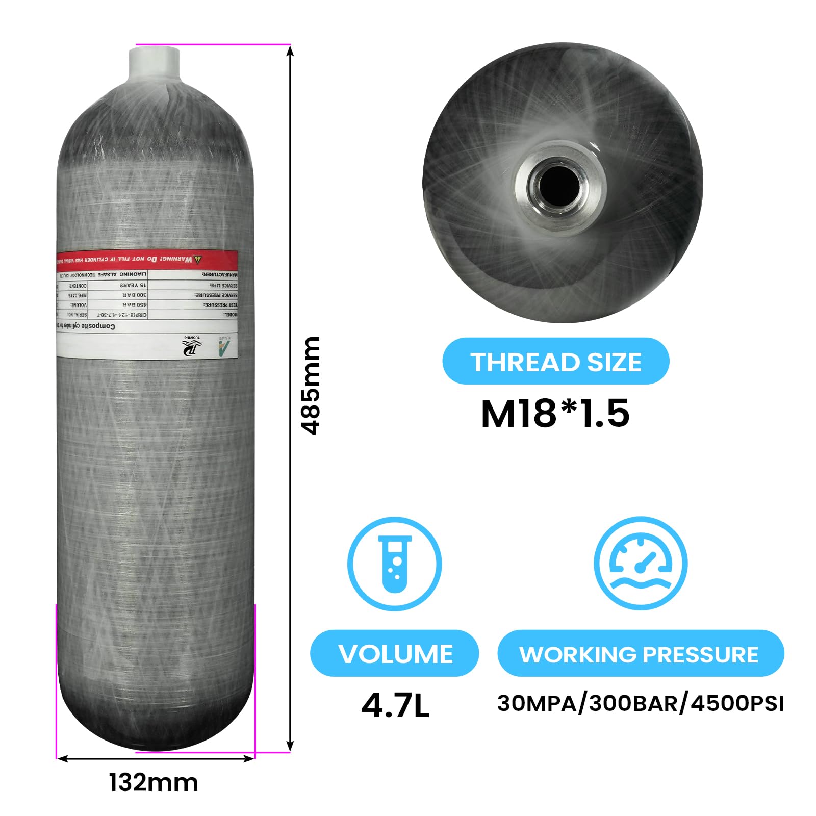 TUDIVING 4.7L 4500Psi Carbon Fiber Scuba Diving Tank - High Pressure Air (HPA) Cylinder for Deep Diving, PCP Paintball & Underwater Adventures | Portable 286 Cu in Oxygen Tank with M18x1.5 Valve | Perfect for Professional Divers, Paintball Enthusiasts & Outdoor Sports