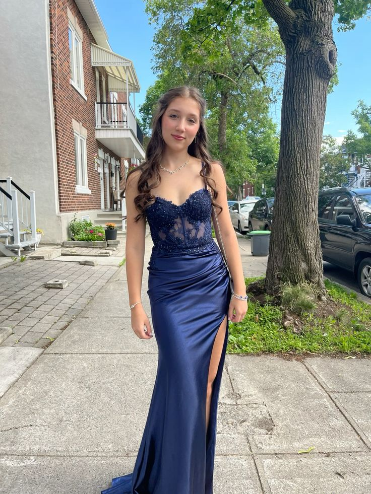 Elegant Navy Blue Applique Long Prom Dress with High Slit - Mermaid Evening Gown J4951 for Formal Events, Weddings & Red Carpet Occasions