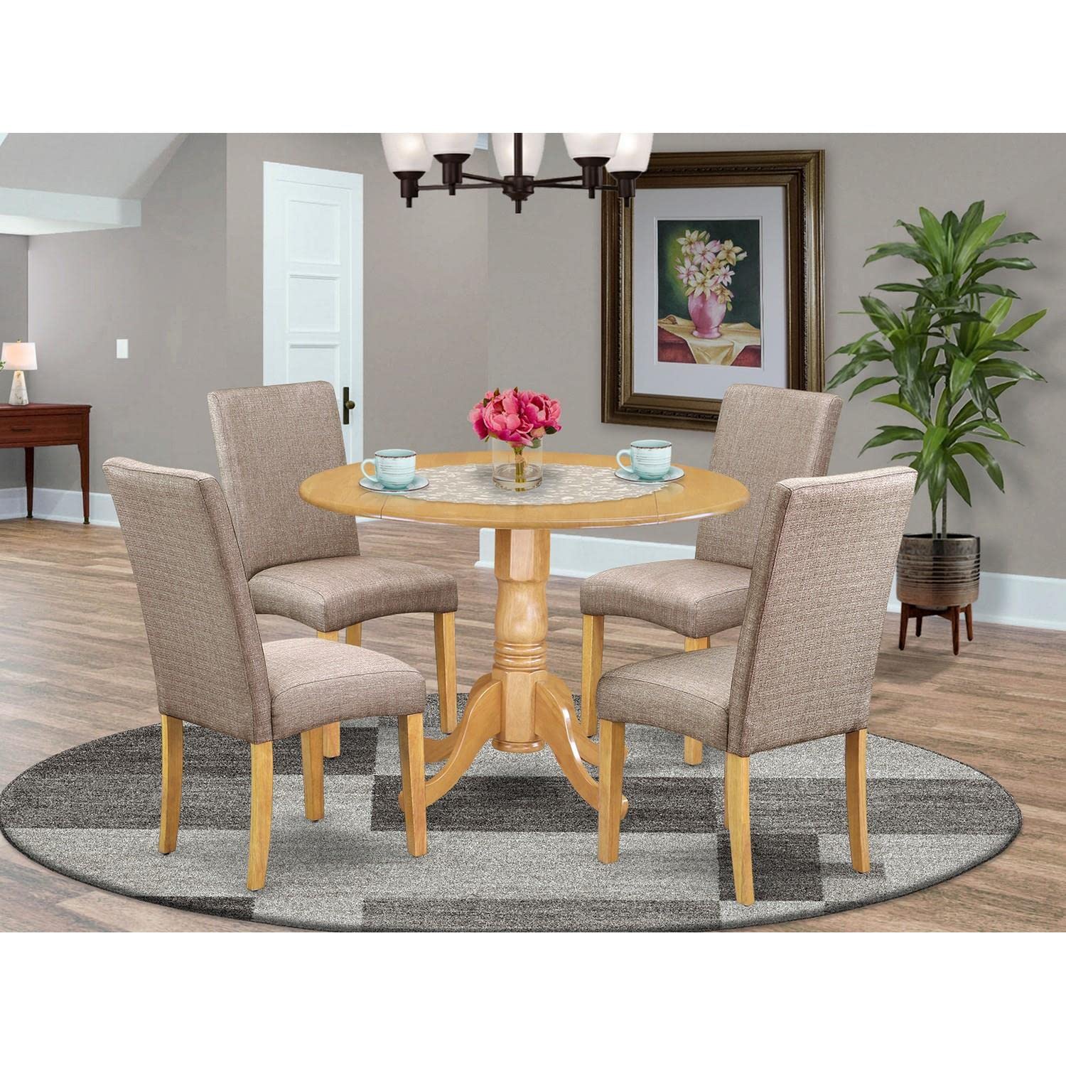 East West Furniture 5-Piece Oak Kitchen Table Set with Round Dropleaf Dining Table & 4 Dark Khaki Linen Chairs - 42x42 Inch - Perfect for Small Dining Rooms, Breakfast Nooks & Cozy Family Meals
