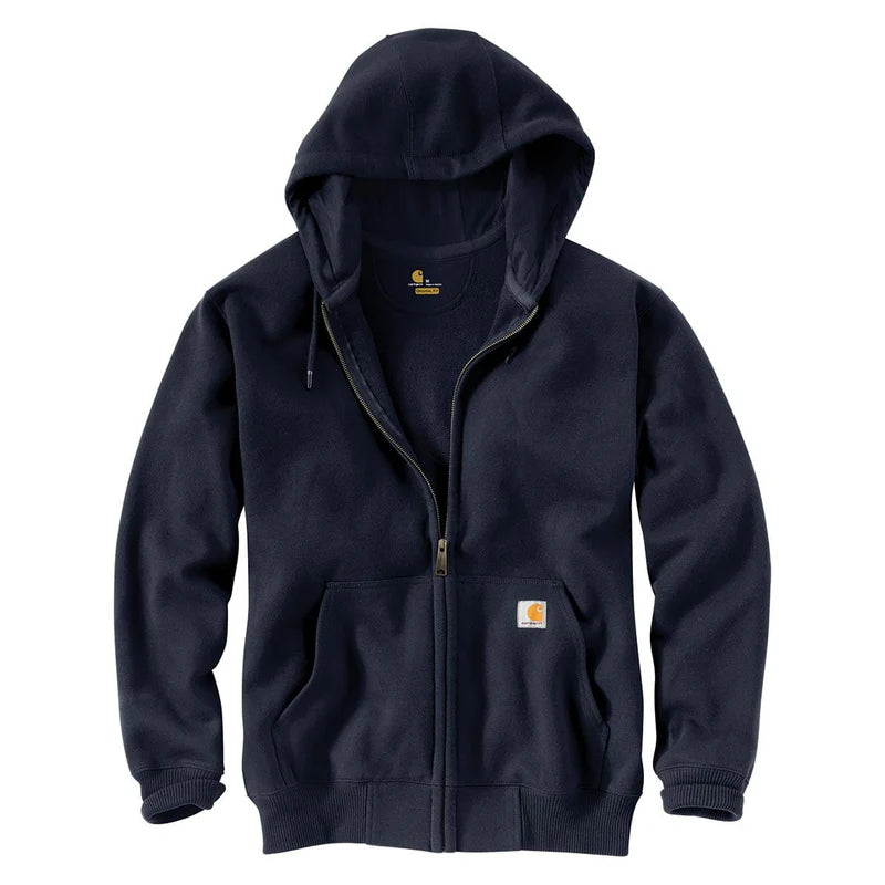 Carhartt Rain Defender Loose Fit Heavyweight Full Zip Hooded Sweatshirt for Men - Water Resistant Fleece Jacket for Outdoor Work & Winter Activities (Navy Blue)