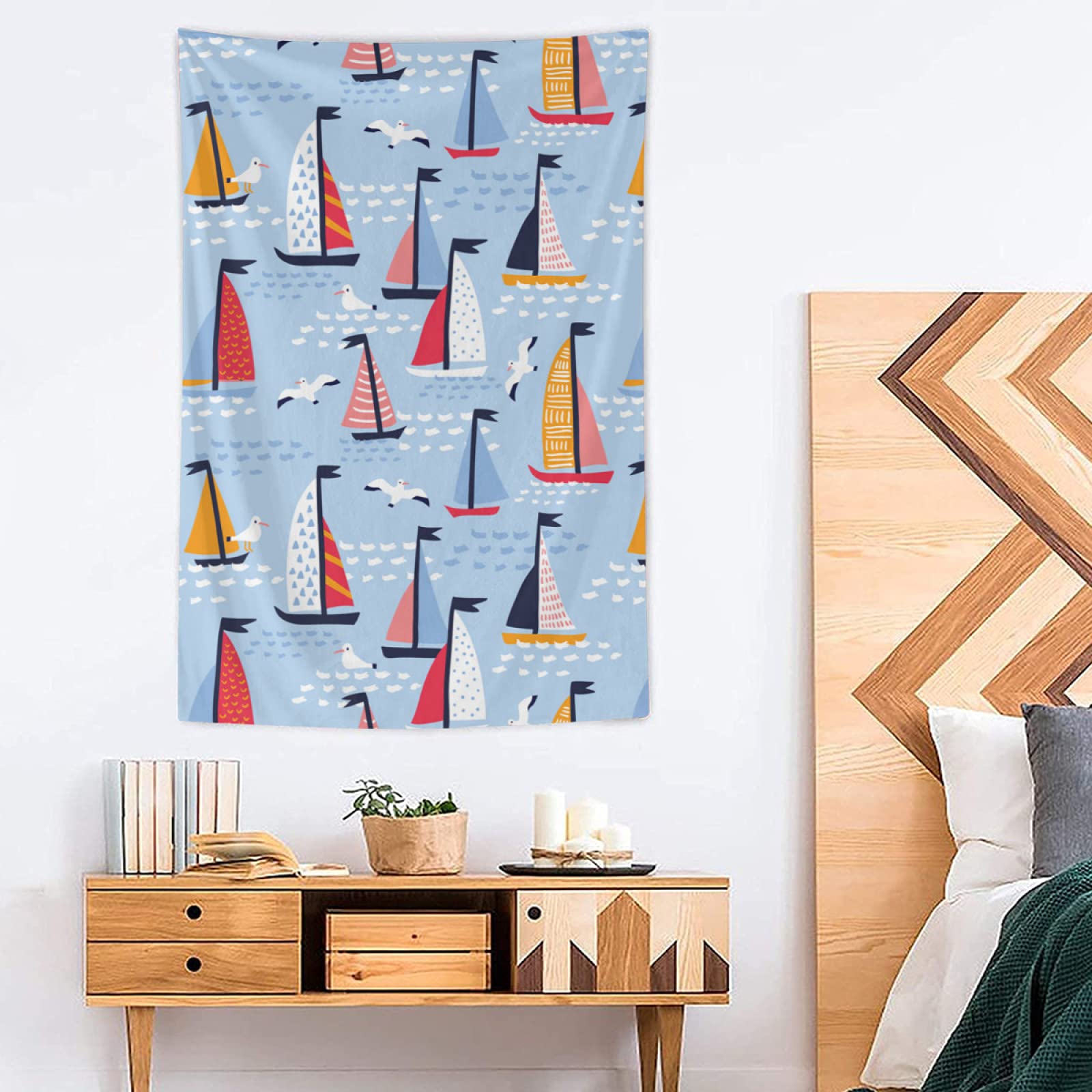 Hand-Painted Sailboat & Seagull Tapestry Wall Hanging - 40x60 Inch Tropical Beach Decor for Bedroom, Living Room - Aesthetic Polyester Wall Art for Boho, Coastal & Home Decoration