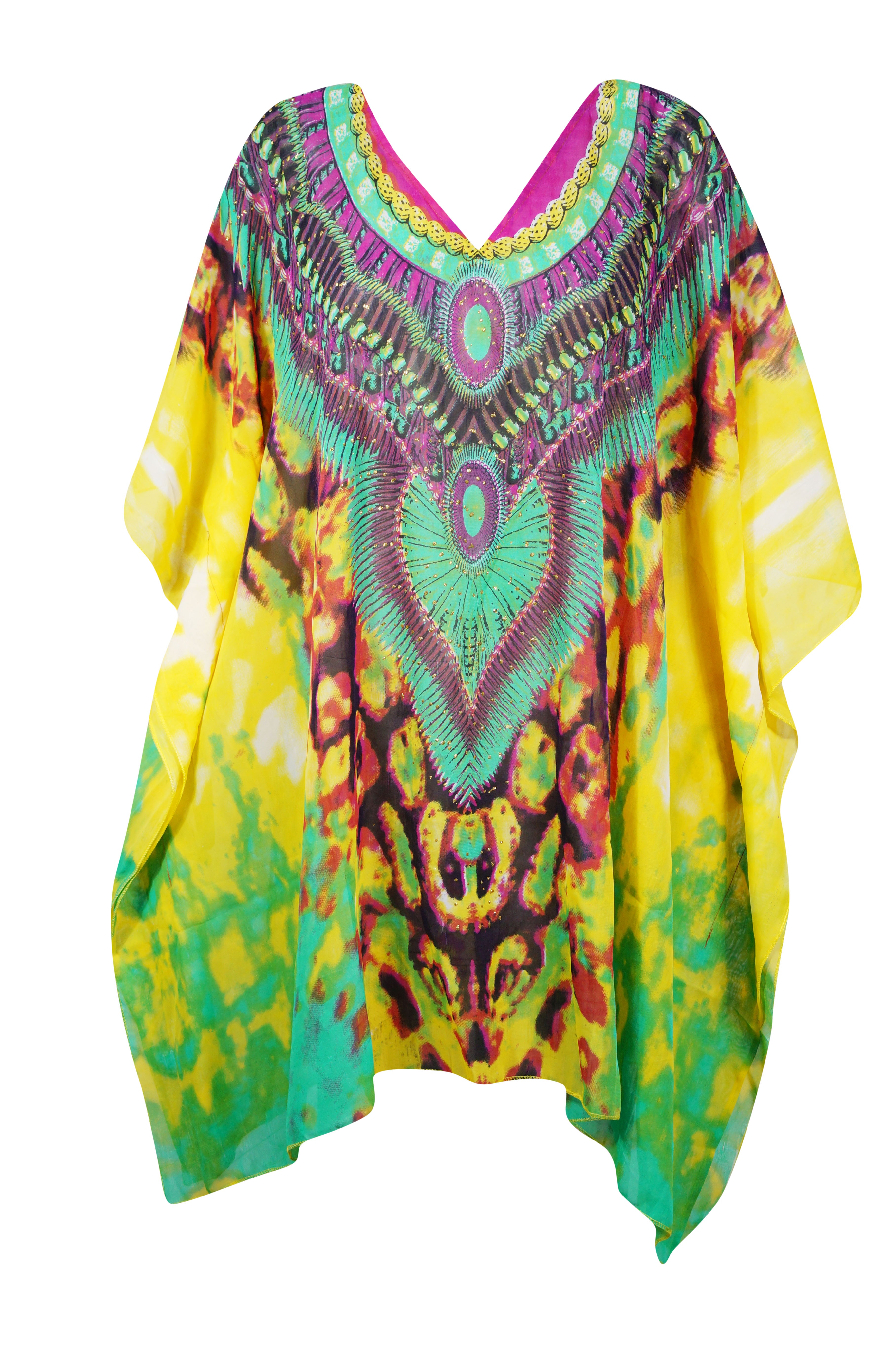 Women's Sheer Beach Caftan Dress - Yellow & Green Oversized Cover Up, Travel Kaftan 4XL | Perfect for Poolside, Vacation & Summer Outfits