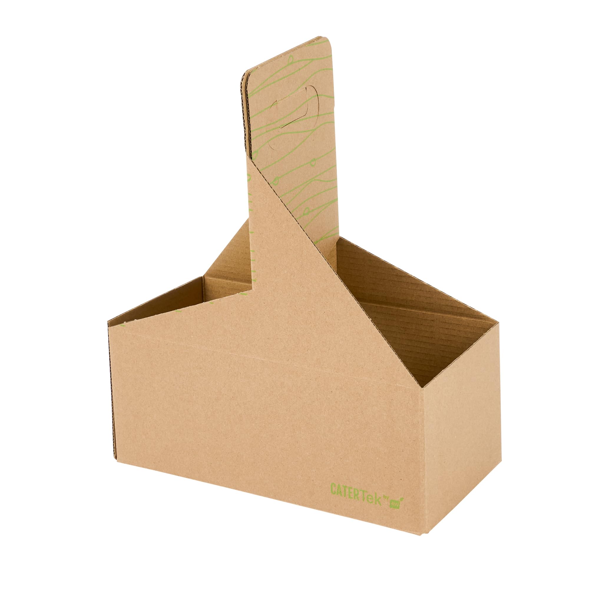 Restaurantware Cater Tek 100-Pack Disposable Cup Carriers with Handles - Kraft & Green Paper Drink Holders for 2 Cups, Perfect for Delivery, Takeout, Coffee Shops, and Beverage Businesses