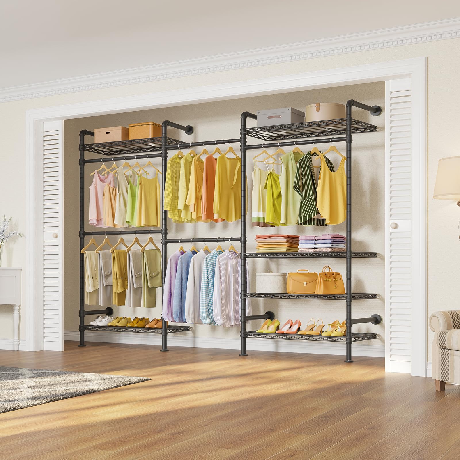 Heavy Duty Expandable Wall Mounted Garment Rack - Industrial Pipe Clothes Hanging System with Adjustable Storage for Walk-in Closet, Wardrobe & Laundry Room Organization (Black) | Perfect for Home, Retail Stores & Commercial Use