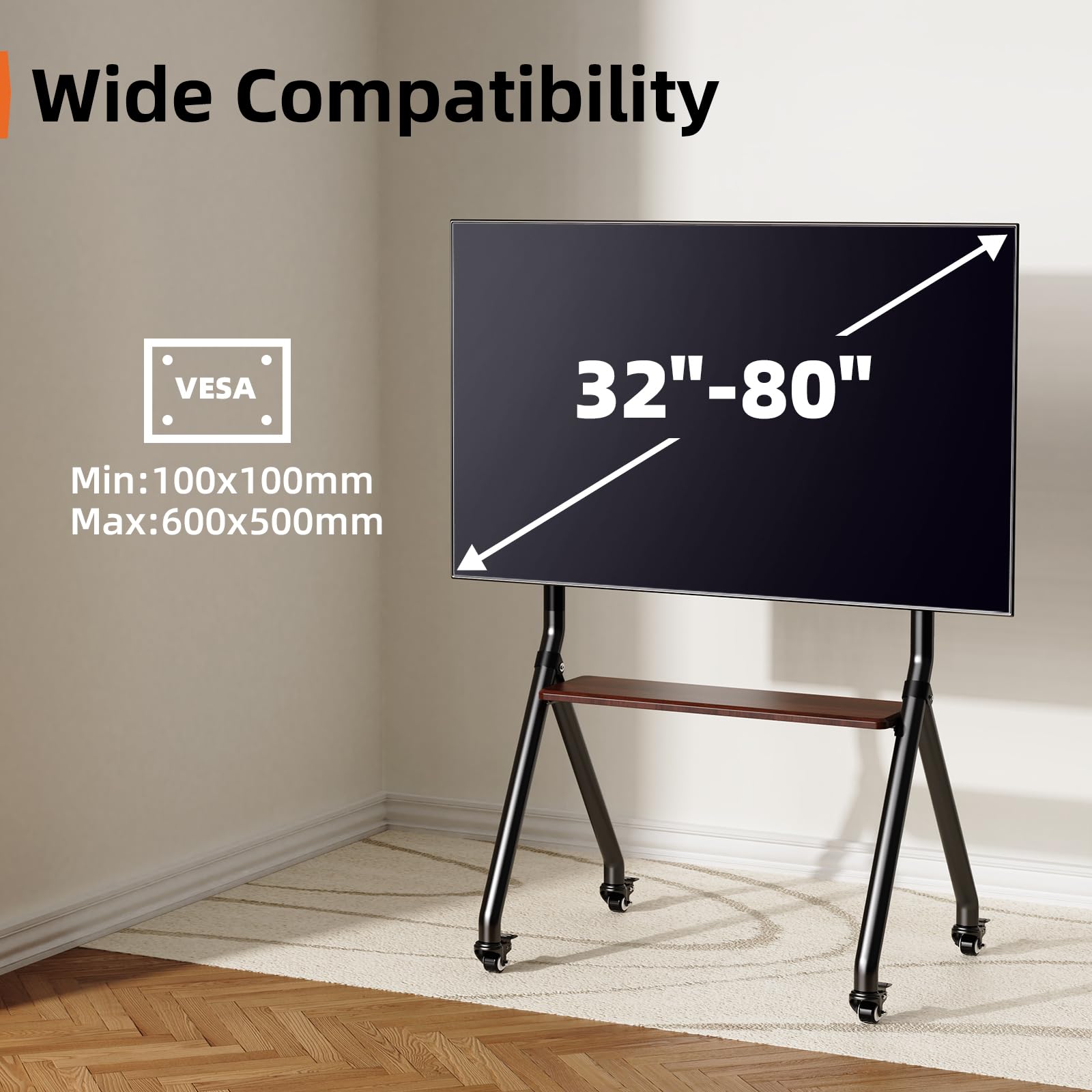 Adjustable Mobile TV Stand for 32-80 Inch Screens - Heavy Duty Rolling TV Cart with Wheels, Wooden Media Shelf & Max VESA 600x500mm - Supports Up to 110lbs (Black) - Perfect for Living Rooms, Bedrooms & Home Theaters