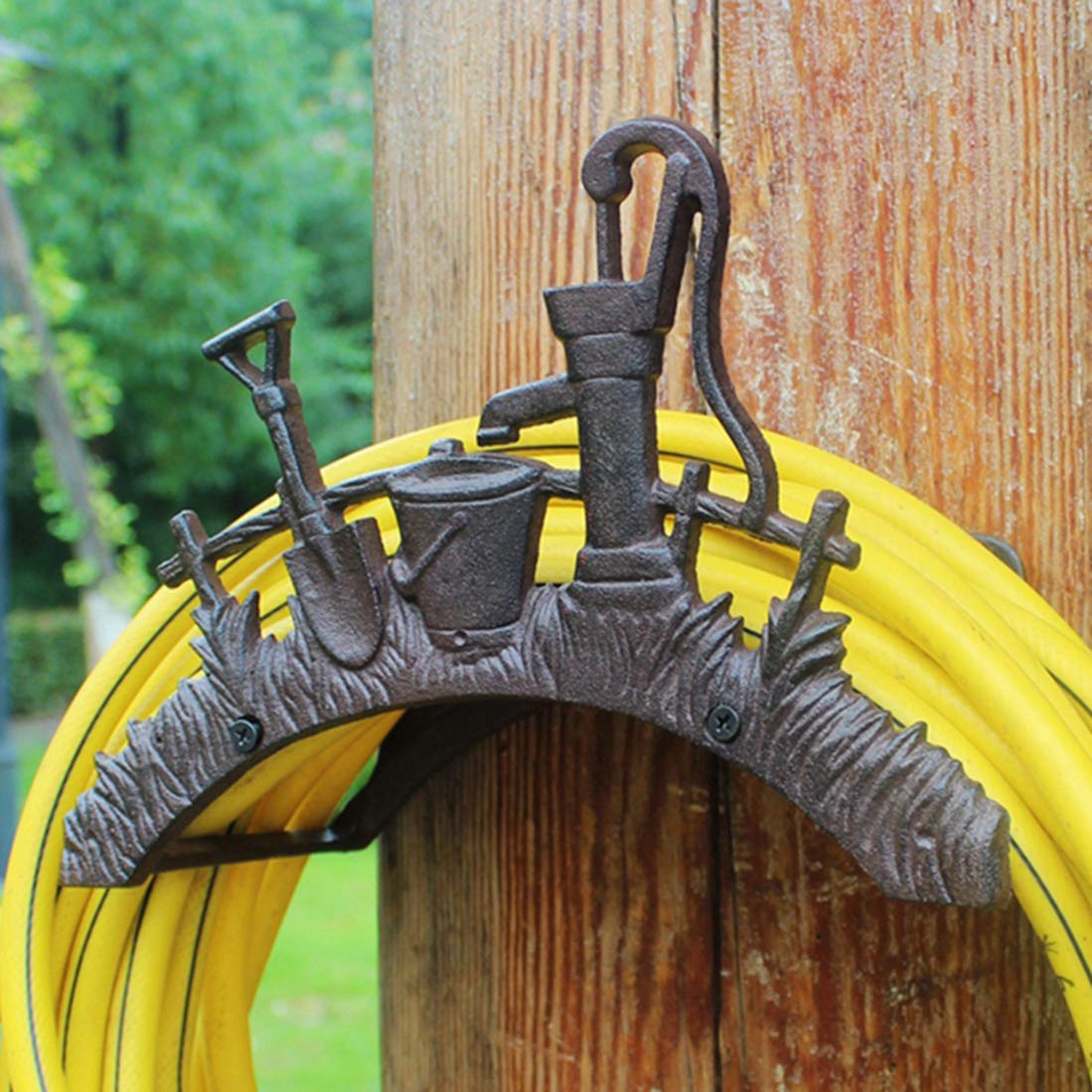 Heavy Duty Cast Iron Garden Hose Holder - Wall Mounted Metal Hose Hanger & Reel Storage Organizer for Outdoor Watering, Yard Maintenance, and Garage Organization