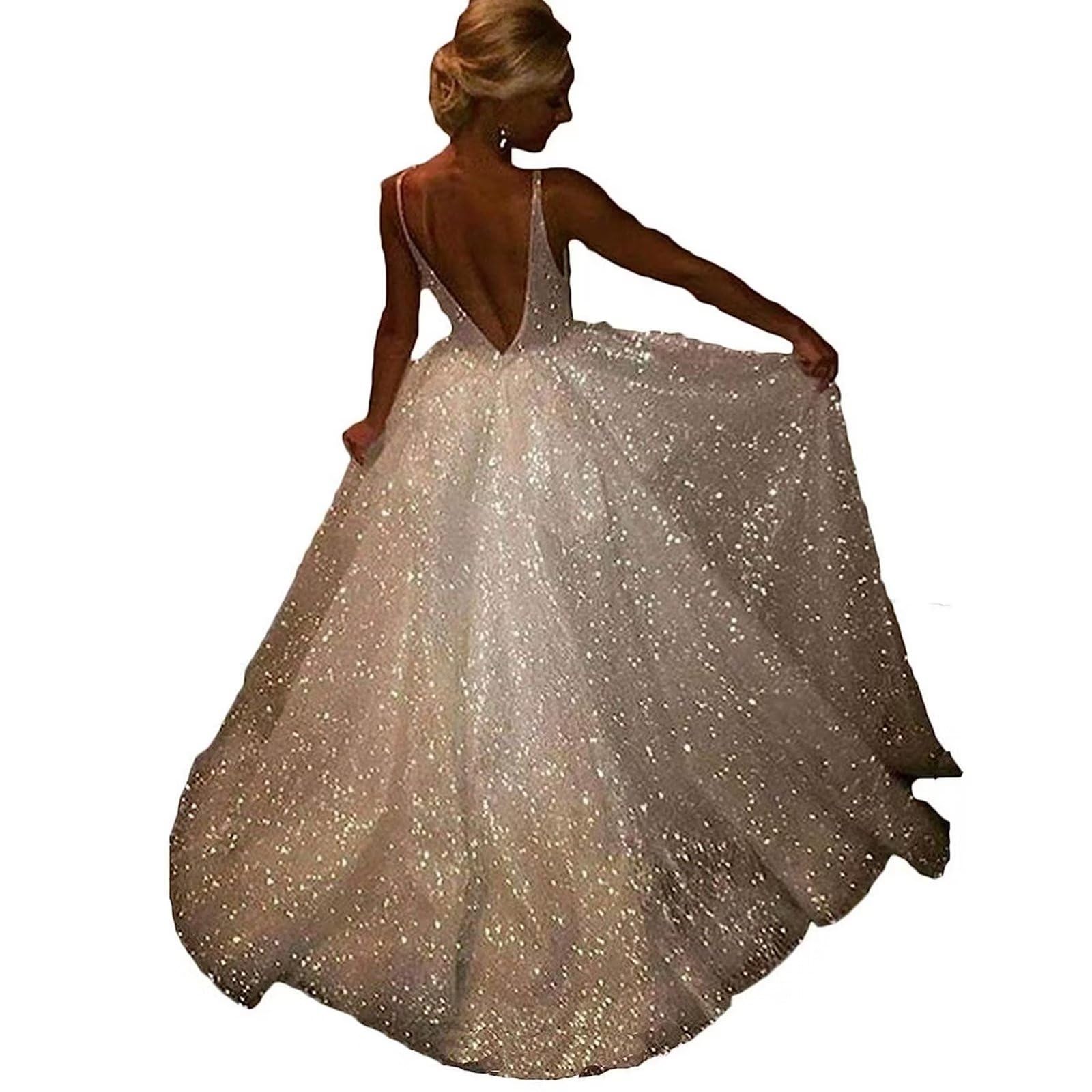 Elegant V-Neck Sparkly Wedding Dress for Bride – Glitter Beach Bridal Gown for Women | Perfect for Beach Weddings, Outdoor Ceremonies & Romantic Parties