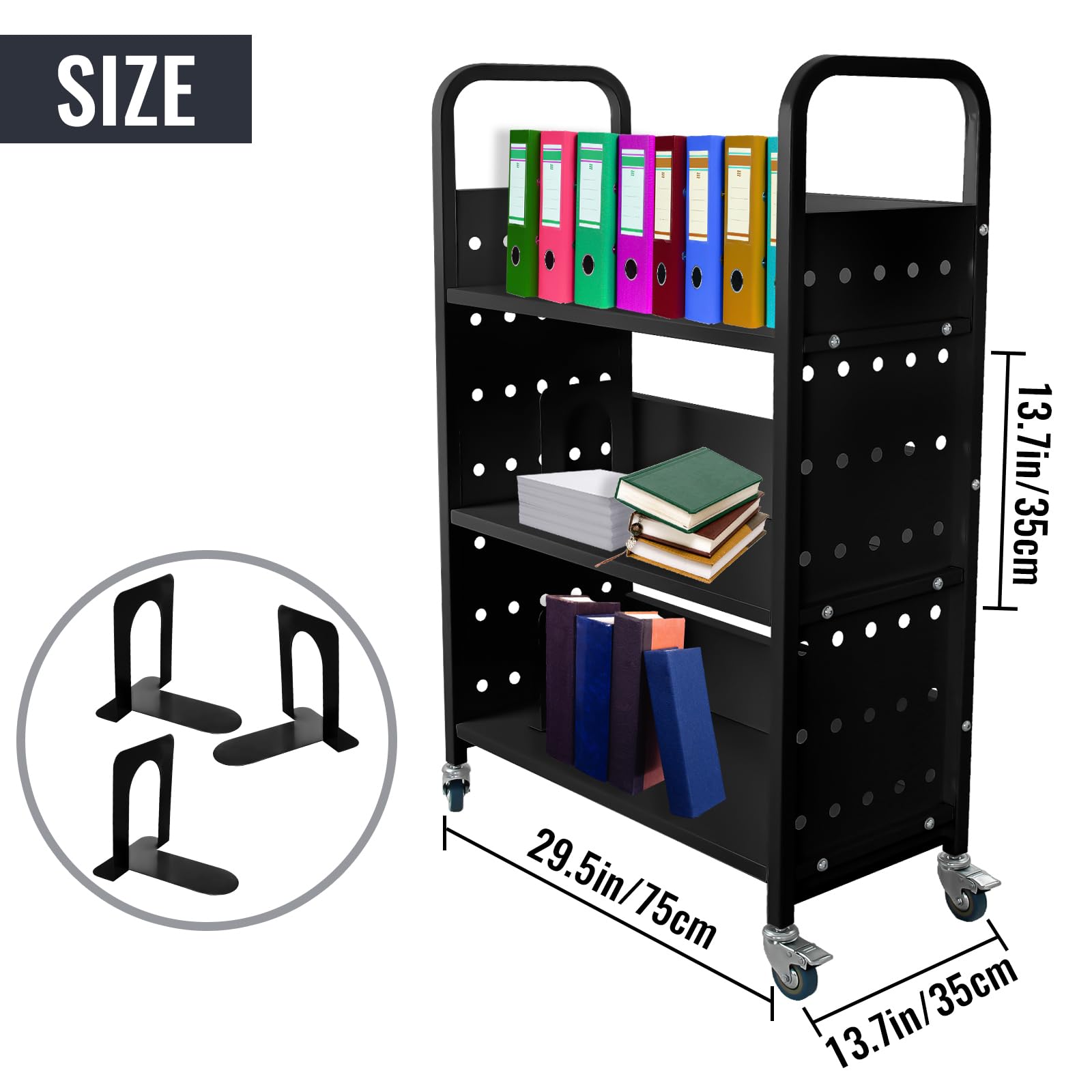 3-Shelf V-Shape Rolling Book Cart with 2 Lockable Wheels - Portable Library Cart for Home, Office & School - Ideal for Book Storage, Classroom Organization & Library Book Transportation (Black)