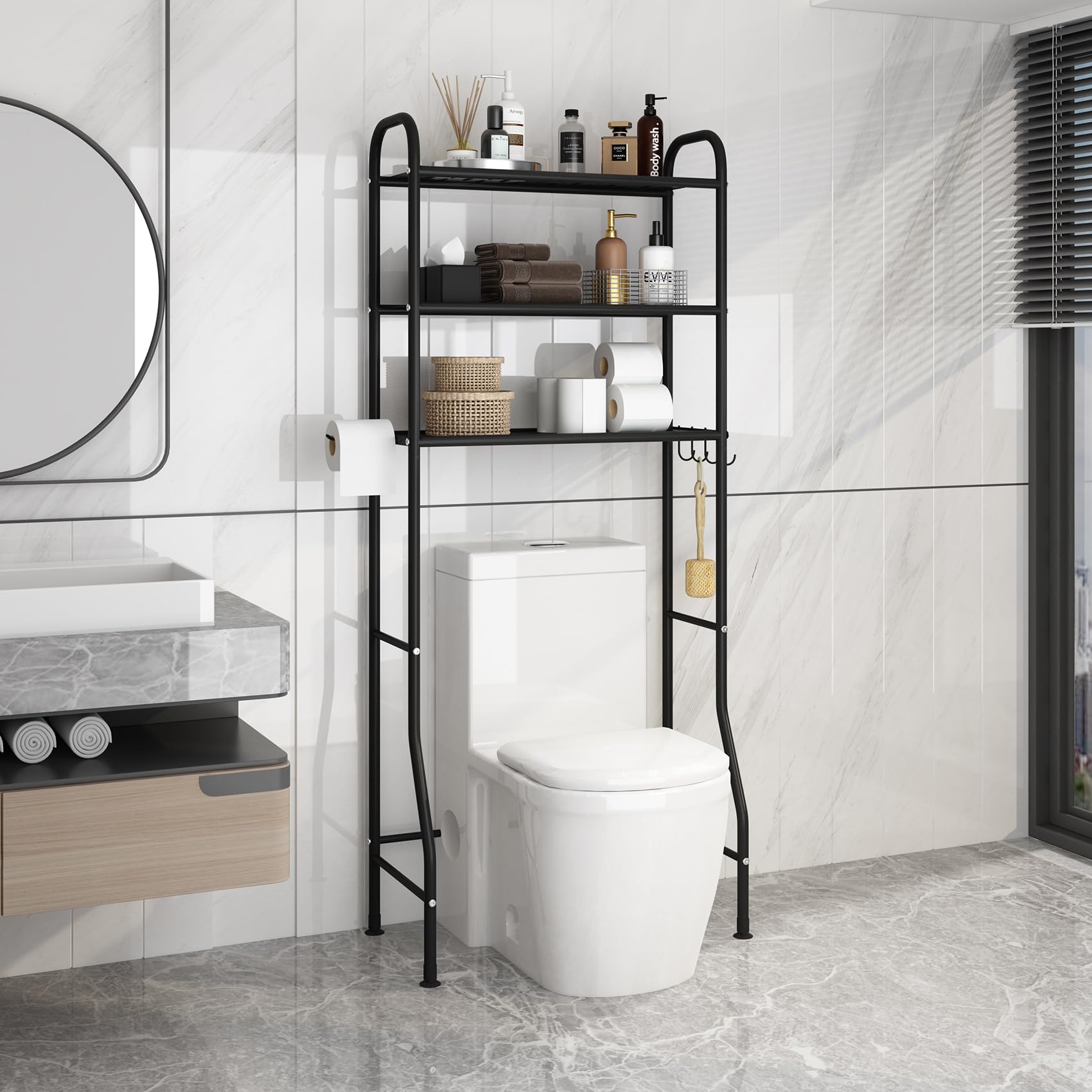 JSB 3-Tier Metal Over The Toilet Storage Shelf - Space Saving Bathroom Organizer with Toilet Paper Holder, Multi-Functional Bathroom Shelving Unit for Towels & Toiletries (Black) - Perfect for Small Bathrooms & Apartment Living