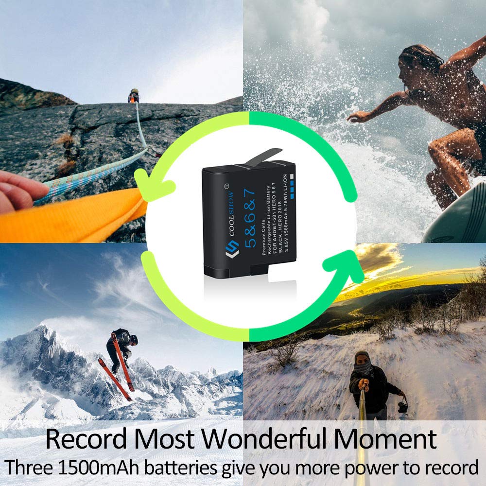 GoPro Hero 7/6/5 Replacement Battery 3-Pack with Charger - 1500mAh Extended Life Battery & Protective Case Bundle - Perfect for Travel, Vlogging & Outdoor Adventures (Compatible with Hero 7 Black, Hero 6, Hero 5)
