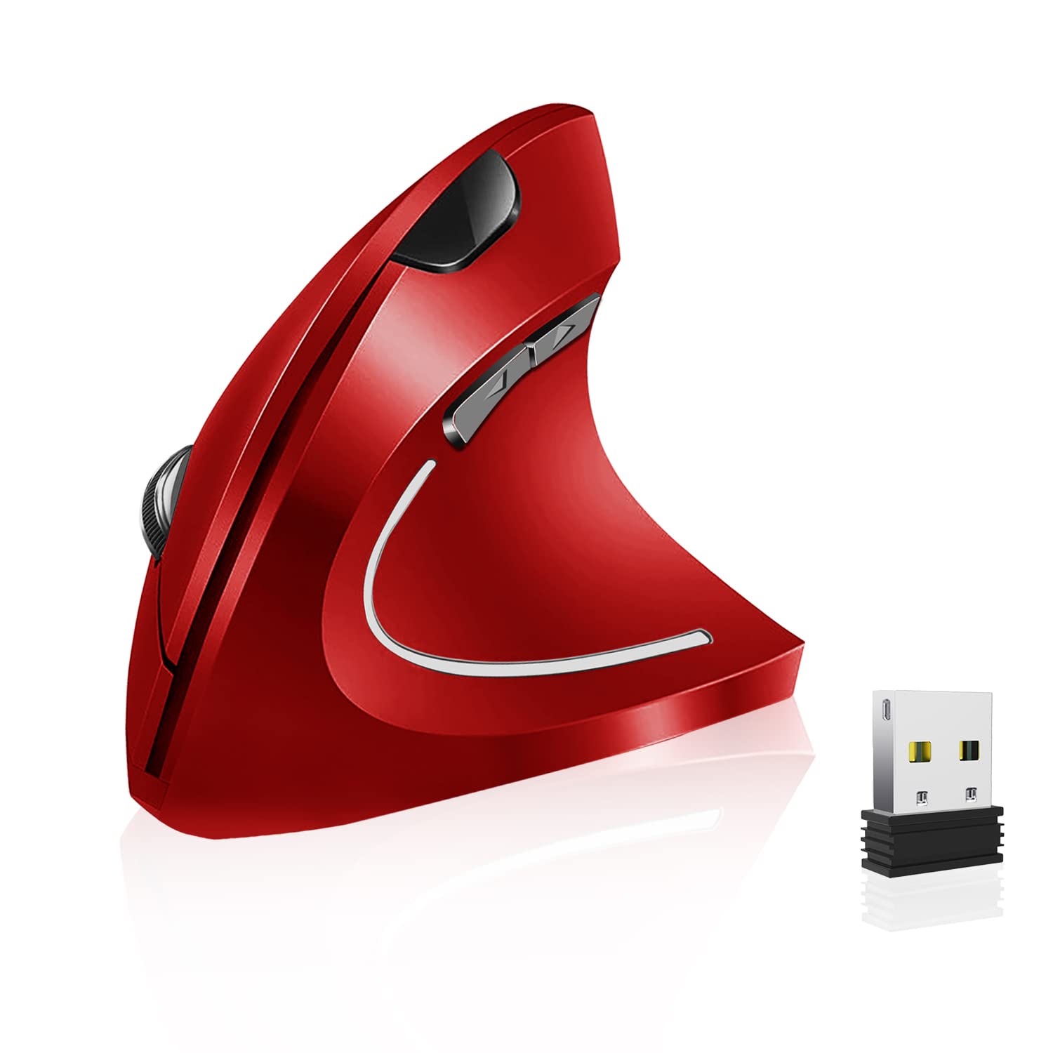 Vassink Ergonomic Rechargeable Wireless Mouse - 2.4GHz Vertical Optical Mouse with USB Receiver, 6 Buttons, 800/1200/1600 DPI Adjustable, Red - Perfect for Office, Gaming & Home Use