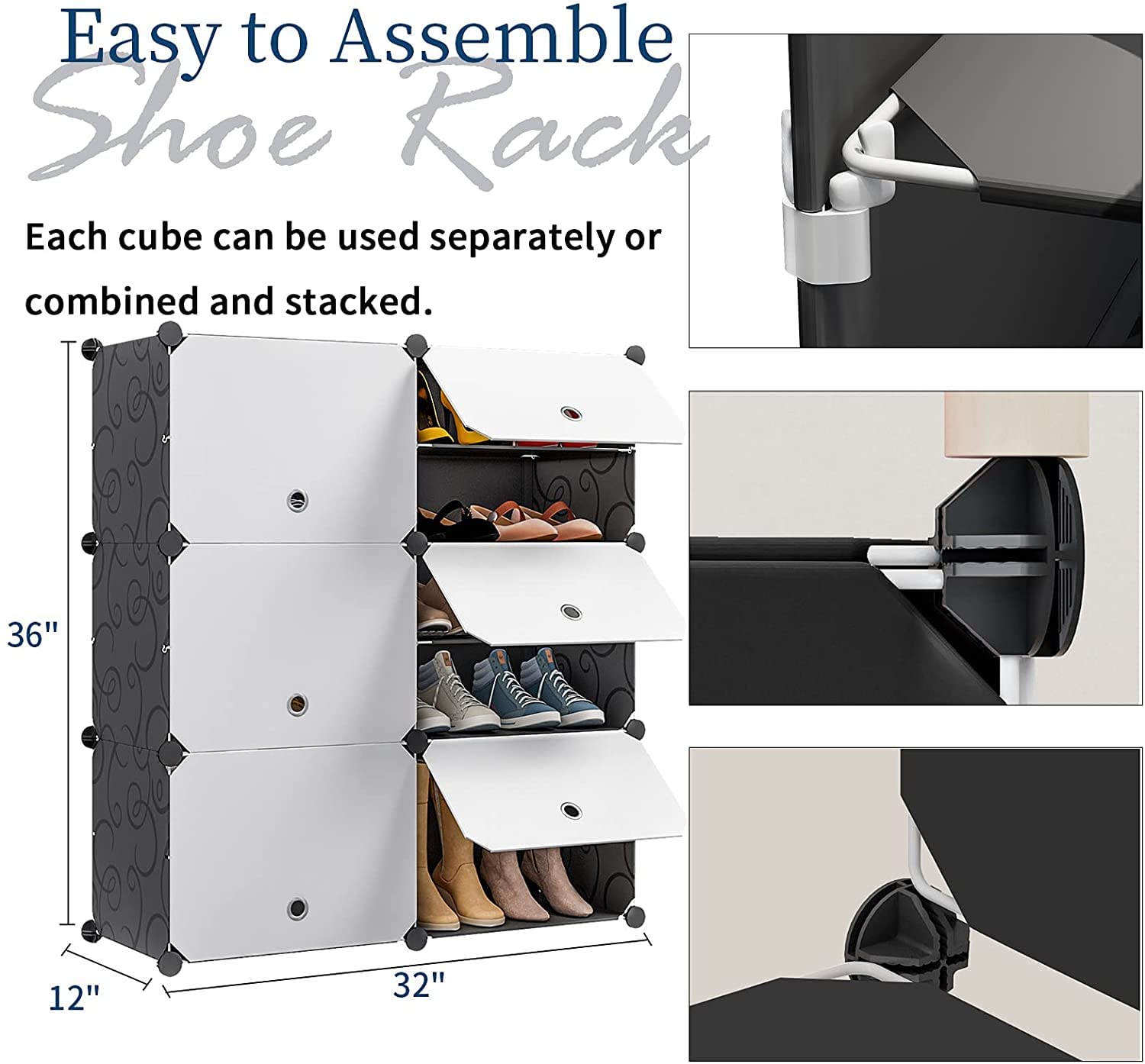 Aeitc 96 Pairs Expandable Shoe Rack Organizer - Space Saving Stackable Shoe Storage Cabinet with Hooks & Side Shelf for Entryway, Closet, Bedroom - White Door Shoe Shelf for Small Spaces & Home Organization