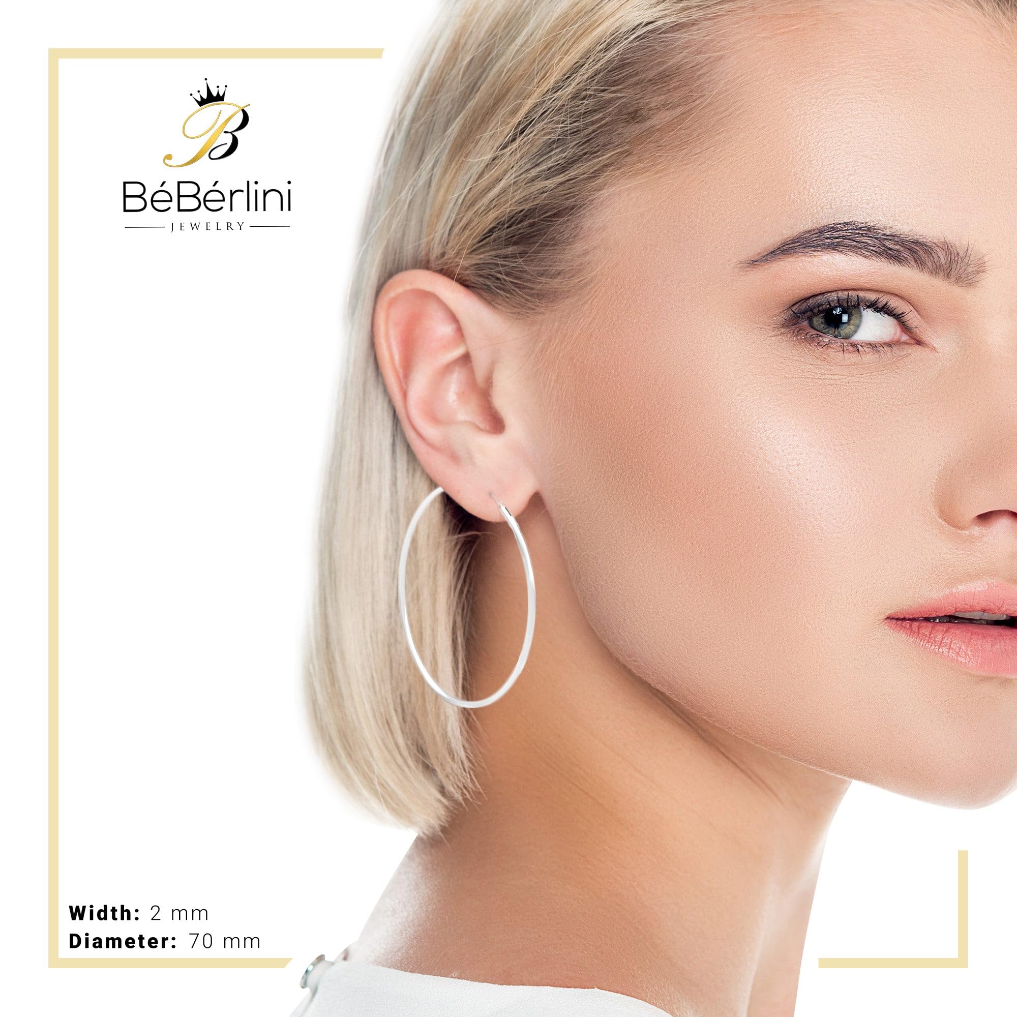 BEBERLINI Silver Large Hoop Earrings for Women - 2mm Thick Plain Hoops, Hip Hop Fashion Jewelry - Perfect for Everyday Wear, Parties and Gift Giving