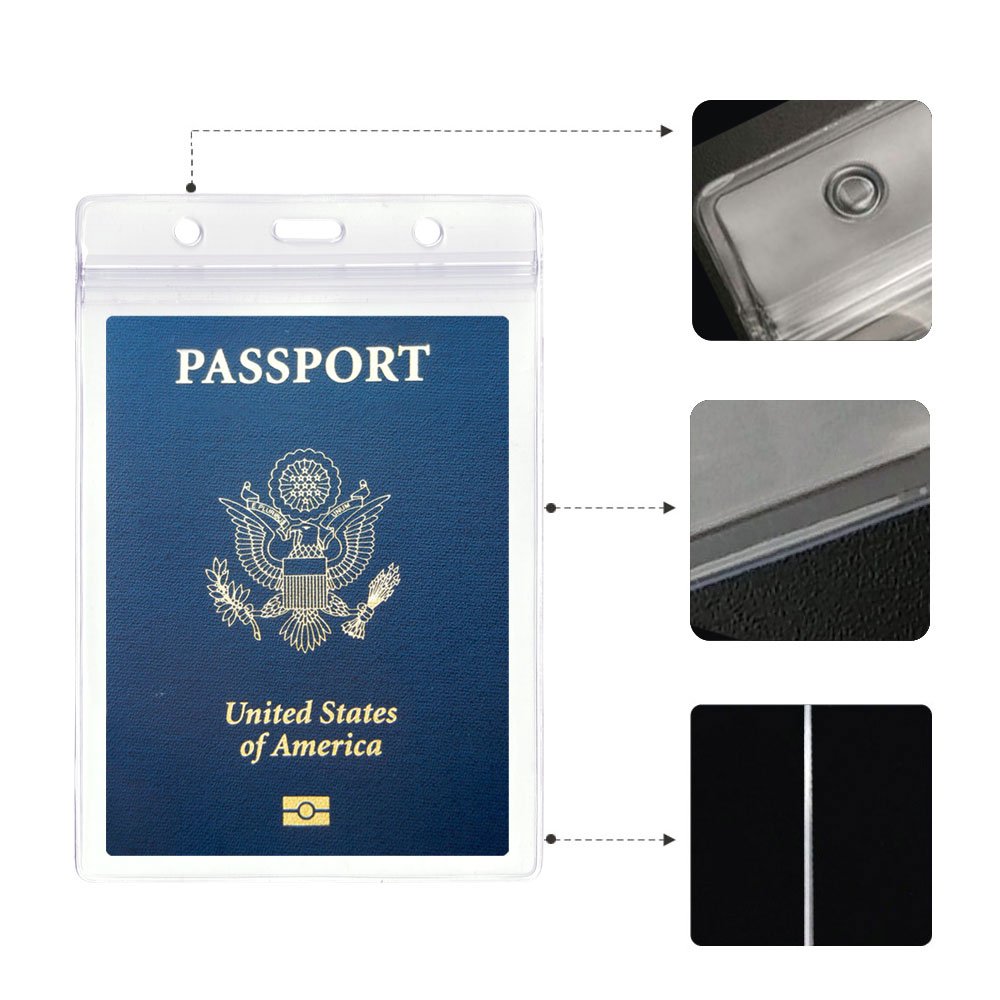 Waterproof Passport Holder with Lanyard - Large Travel ID Badge Holder for Business & Vacations (10 Pack Black)
