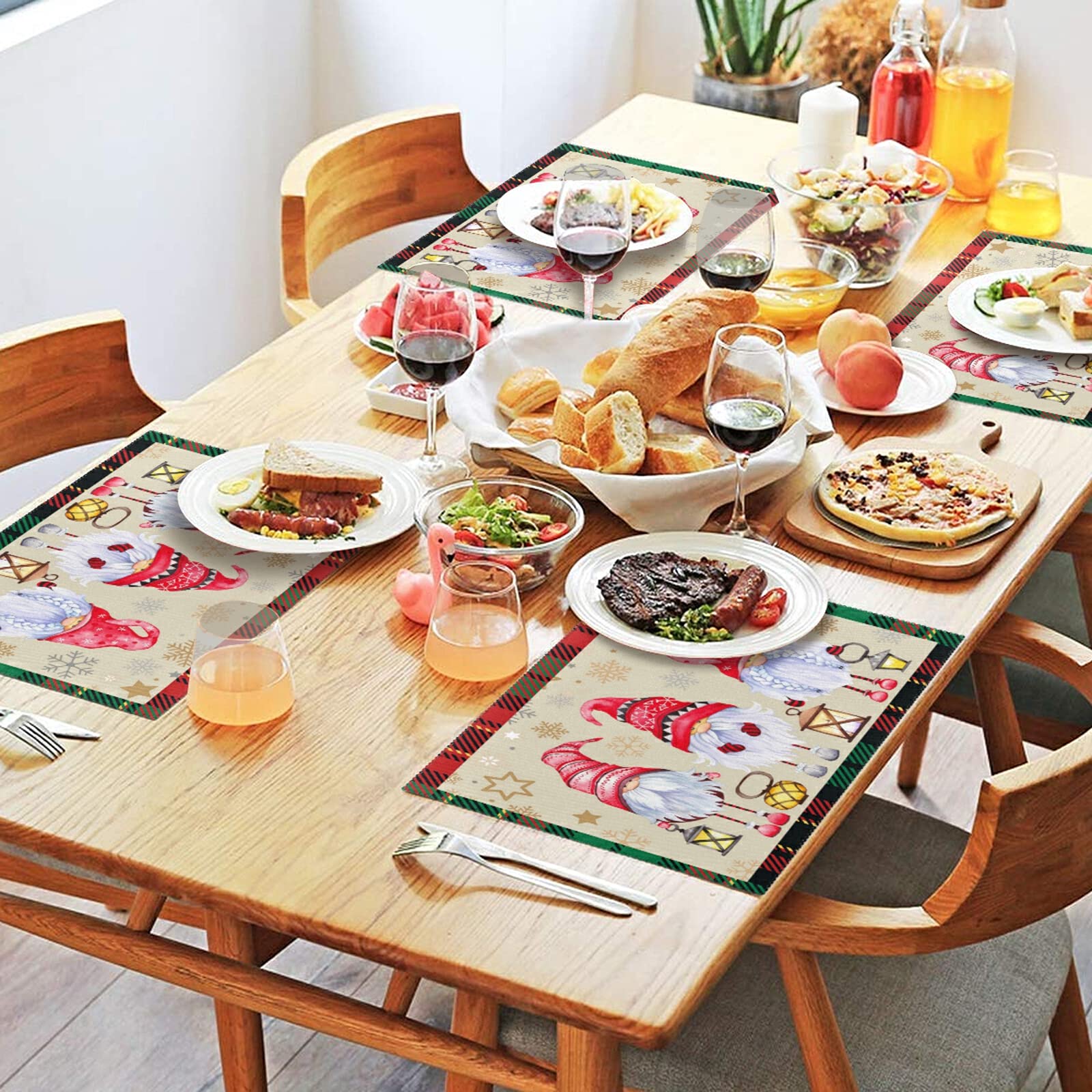 Christmas Gnomes Placemats Set of 4 - Non-Slip Heat-Resistant Washable Holiday Table Mats - 12