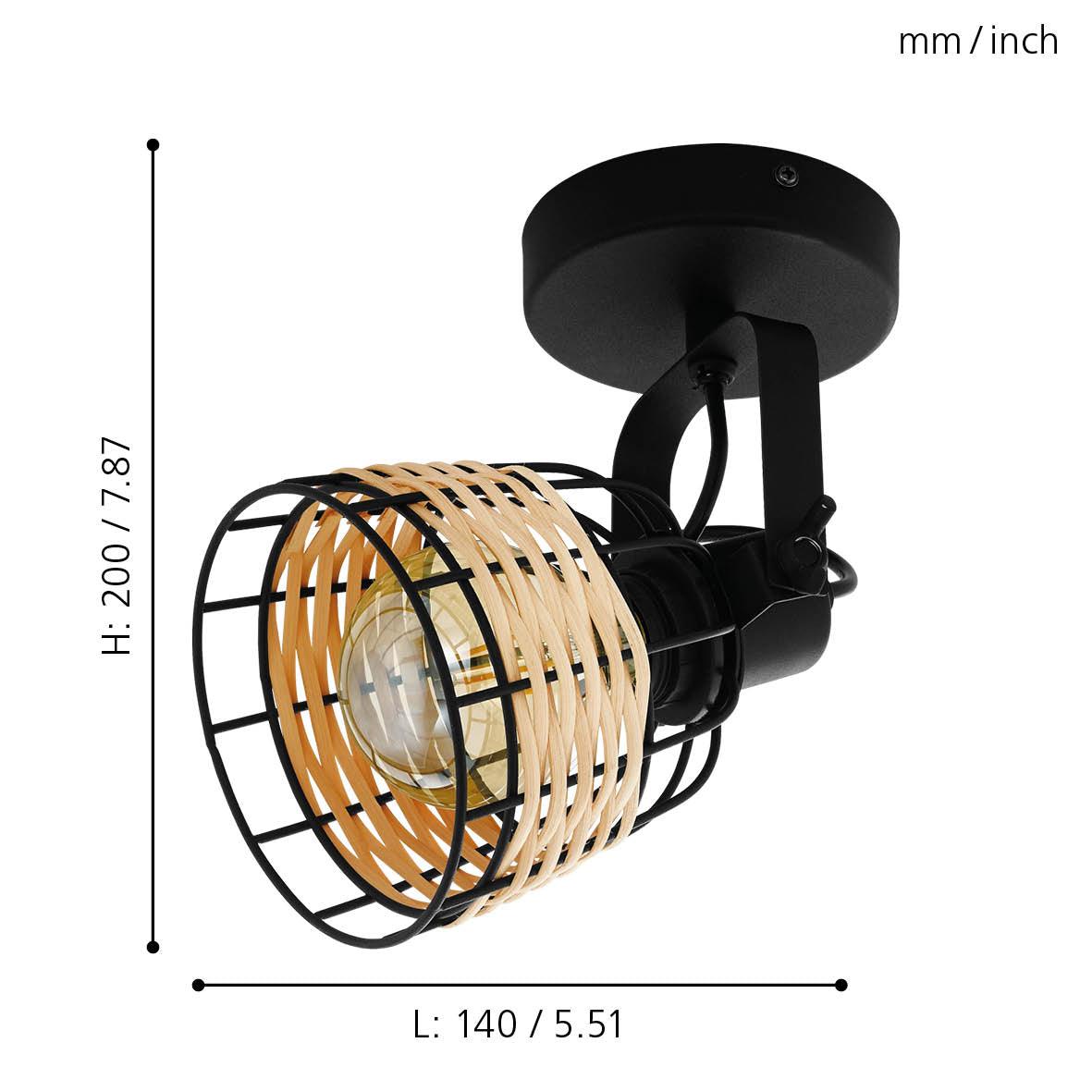 Eglo Anwick 1 Black & Rattan Spotlight - Modern Wall Light for Bedroom, Living Room, and Hallway Lighting | Indoor Decorative Fixture with Adjustable Head