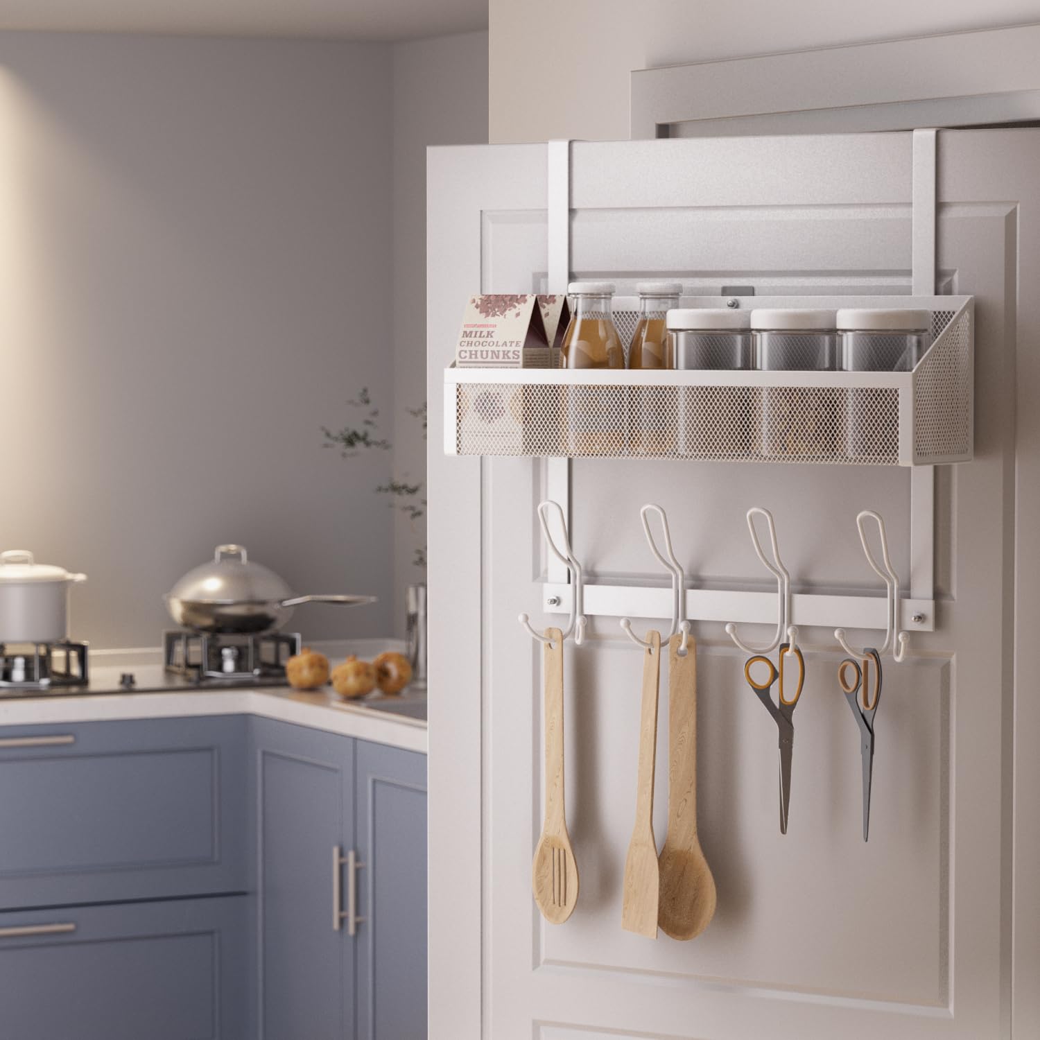 12-Pack Over The Door Hooks Organizer with Mesh Basket - Space Saving Storage Rack for Bedroom, Bathroom, Kitchen & Pantry - Perfect for Towels, Robes, Hats & Accessories (White)