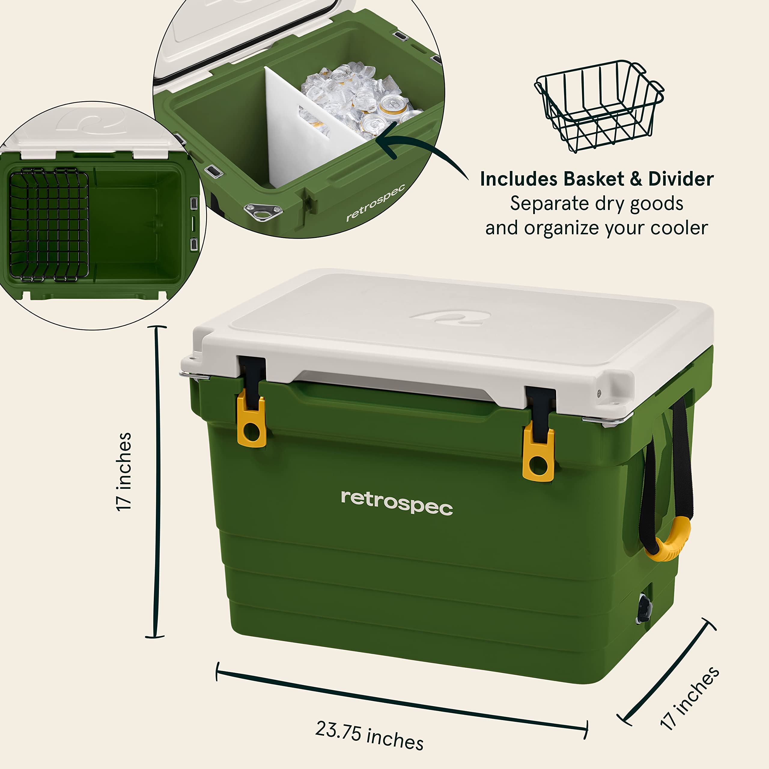 Retrospec Palisade Rotomolded Cooler - 25/45/65qt Fully Insulated Ice Chest with Built-in Bottle Opener | Heavy-Duty Portable Cooler for Beach, Camping, Travel & Tailgating | Includes Tie-Down Slots & Dry Storage Basket | Perfect for Outdoor Adventures, Picnics & Road Trips