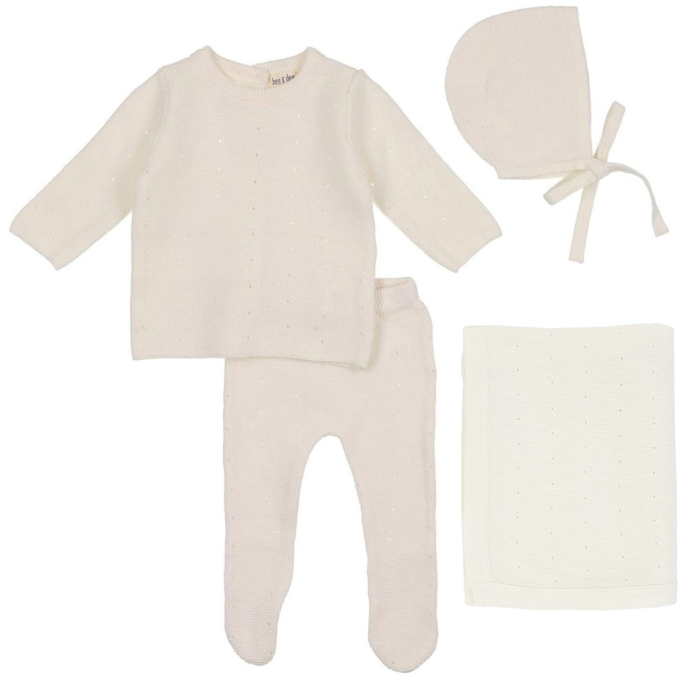 Bee & Dee White Knit 4-Piece Baby Outfit Set - Soft Cotton Newborn Baptism Christening Romper & Hat - Perfect for Bris, Baby Shower Gifts & Photo Shoots