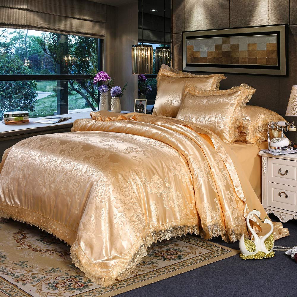 Luxury Queen Duvet Cover Set - 3-Piece Jacquard Bedding with Elegant Lace Trim in Gold for Master Bedroom Decor & Hotel Style Comfort
