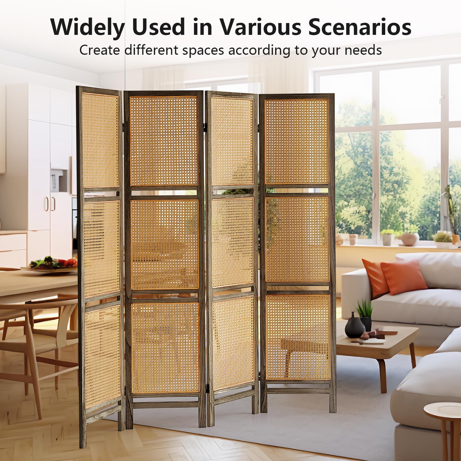 4 Panel Wooden Room Divider with Shelves - Foldable Rattan Privacy Screen, Portable Partition for Home & Office - Perfect for Room Separation, Dressing Room, Studio, or Event Decoration (Brown)