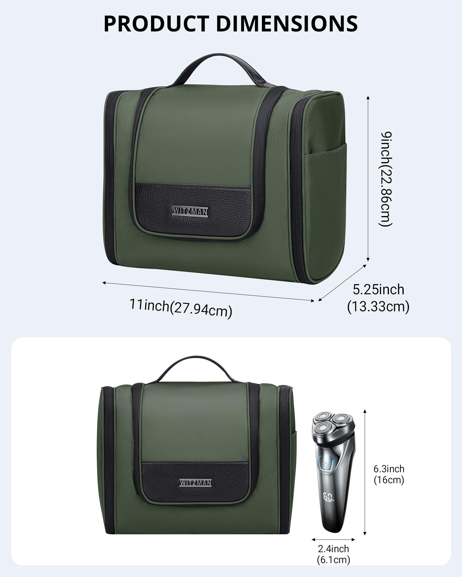 WITZMAN Large Hanging Toiletry Bag for Men & Women - Water-resistant Travel Dopp Kit with Multiple Pockets - Perfect for Bathroom Organization, Gym, Camping & Business Trips (Army Green B690)