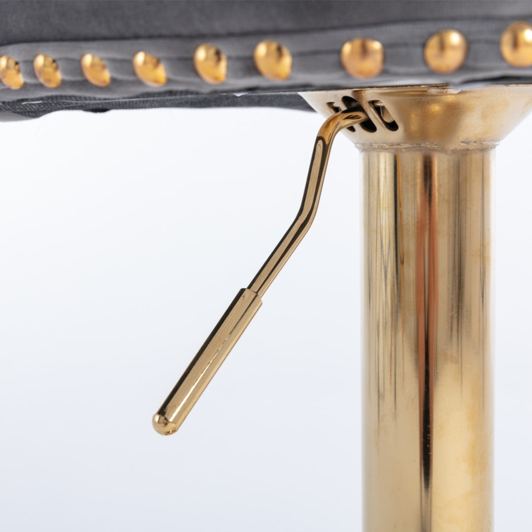 Adjustable Height Swivel Bar Stools with Footrest - Velvet Upholstered, Studded Design & Golden Metal Base (Grey) - Perfect for Kitchen Islands, Home Bars & Modern Dining Areas