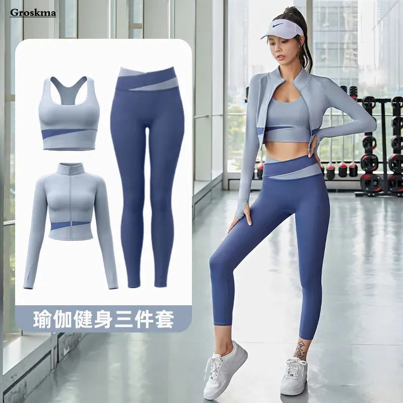 Women's 3-Piece Yoga Set - Patchwork Gym Coats, Sports Bra & Leggings - Workout Running Fitness Outfit for Women - Perfect for Yoga, Gym & Activewear