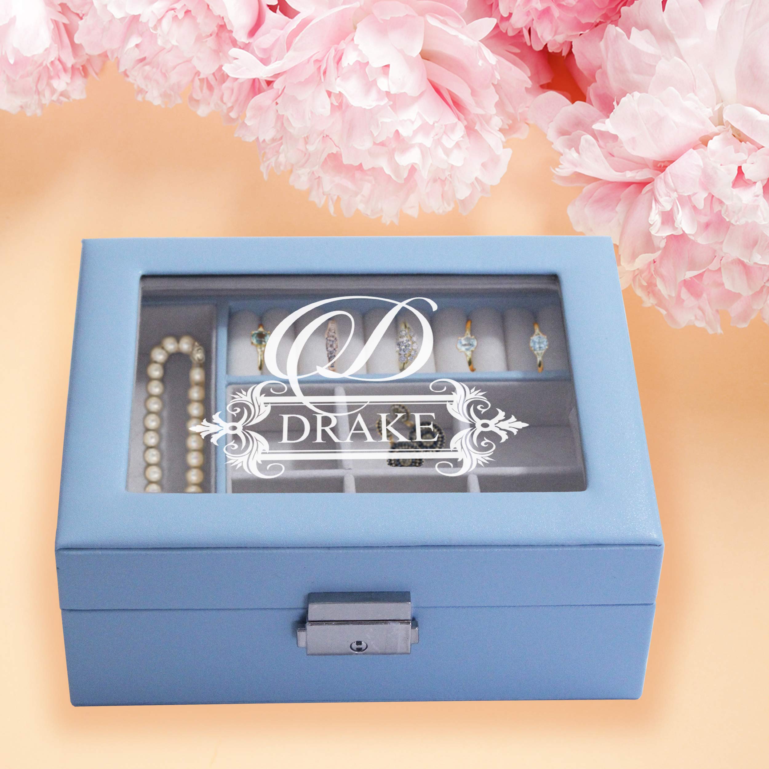 **Personalized Jewelry Box with Glass Top - Custom Engraved Gift for Mom, Wife, Her - Sky Blue Jewelry Organizer & Tray (7.5