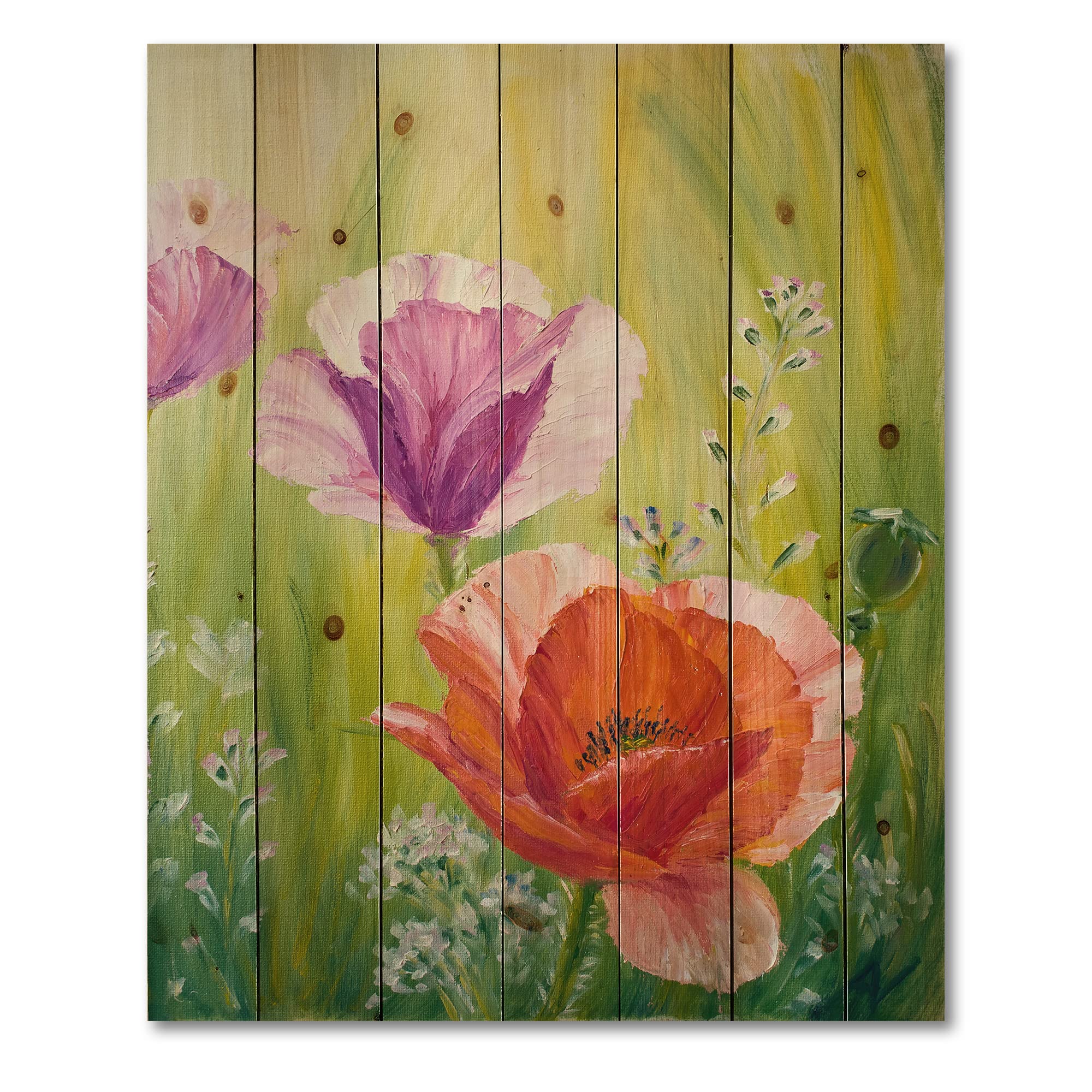 Poppies In The Morning Traditional Wood Wall Decor - Purple Floral Wood Wall Art, Large Pine Wood Wall Panels for Living Room, Bedroom & Office Decor | Handmade Natural Wood Home Décor
