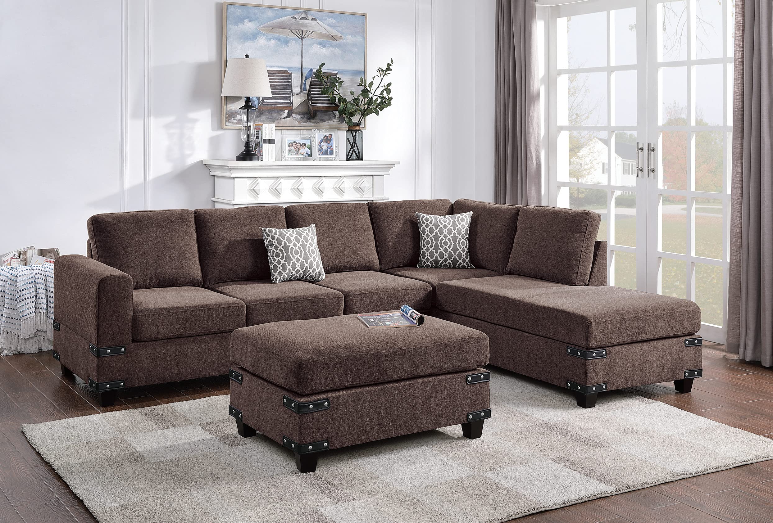 Poundex PDEX-F8806 Chocolate Brown Sectional Sofa - Modern Living Room Furniture for Small Spaces & Apartments