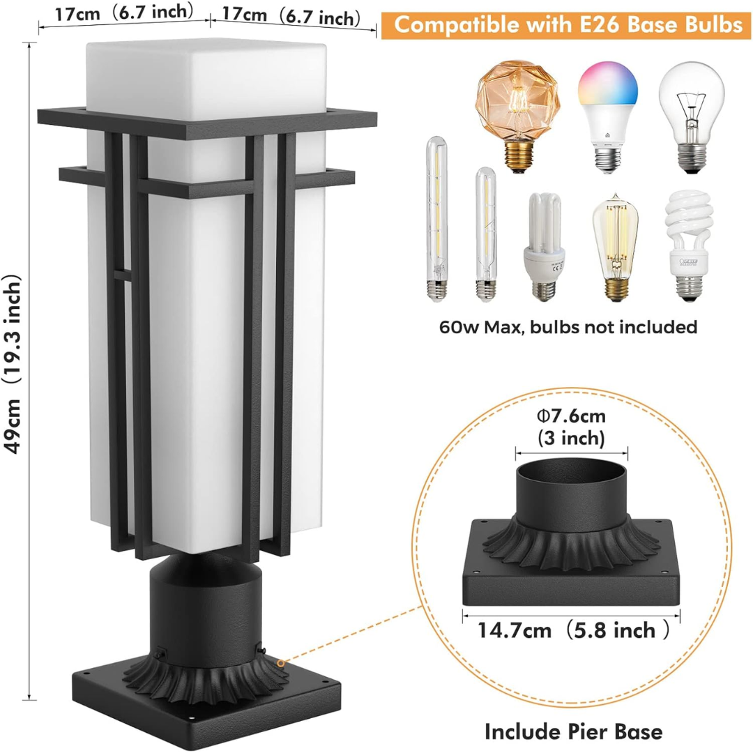 Outdoor Aluminum Post Mounted Lantern Pendant Light - 120V AC, IP65 Waterproof, E26 Socket - Perfect for Porch, Patio, Pier, and Garden Lighting