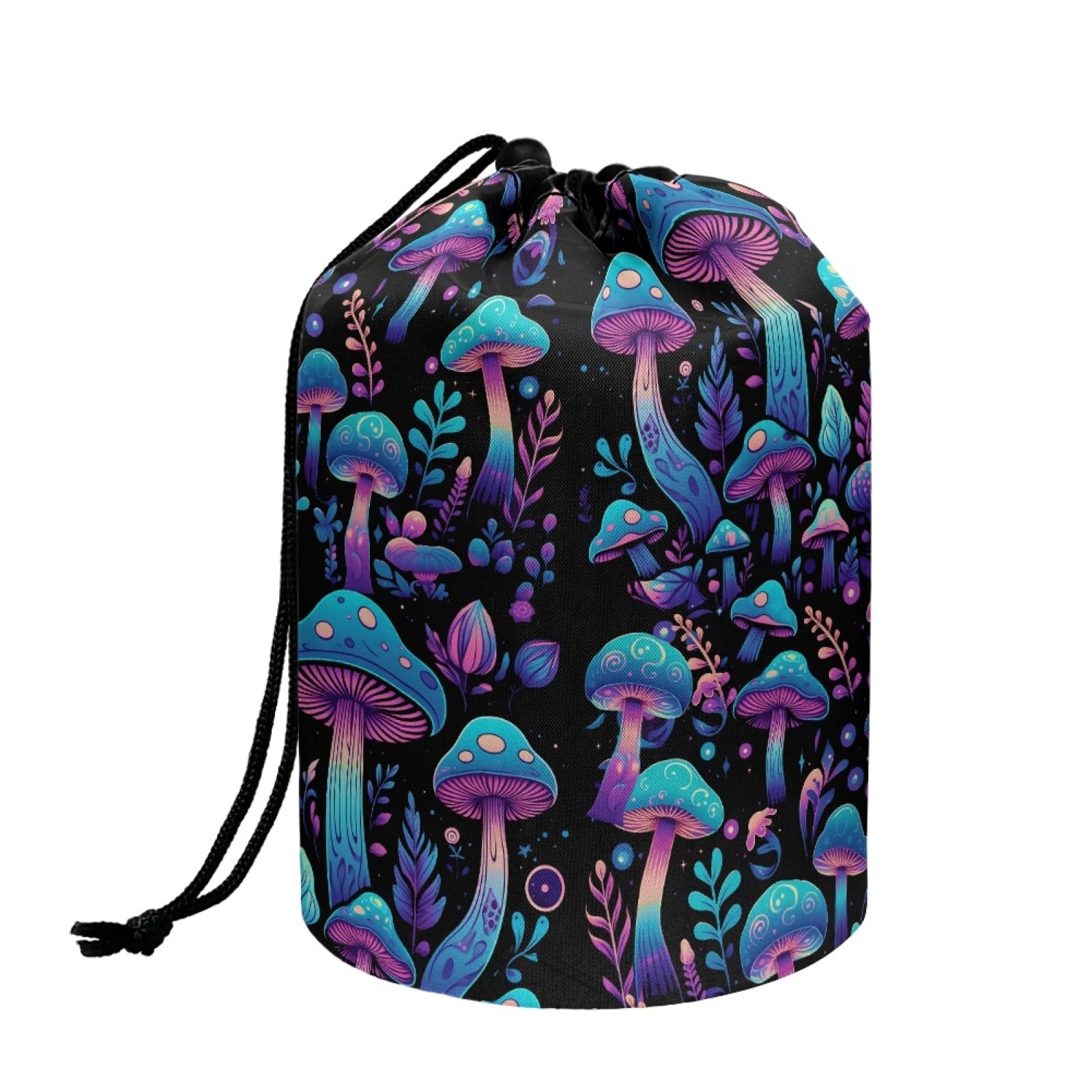 TOADDMOS Blue Purple Mushroom Print Waterproof Cosmetic Bag - Drawstring Makeup Organizer for Women | Travel Toiletry Pouch, Gym Essentials Storage, Gift Idea