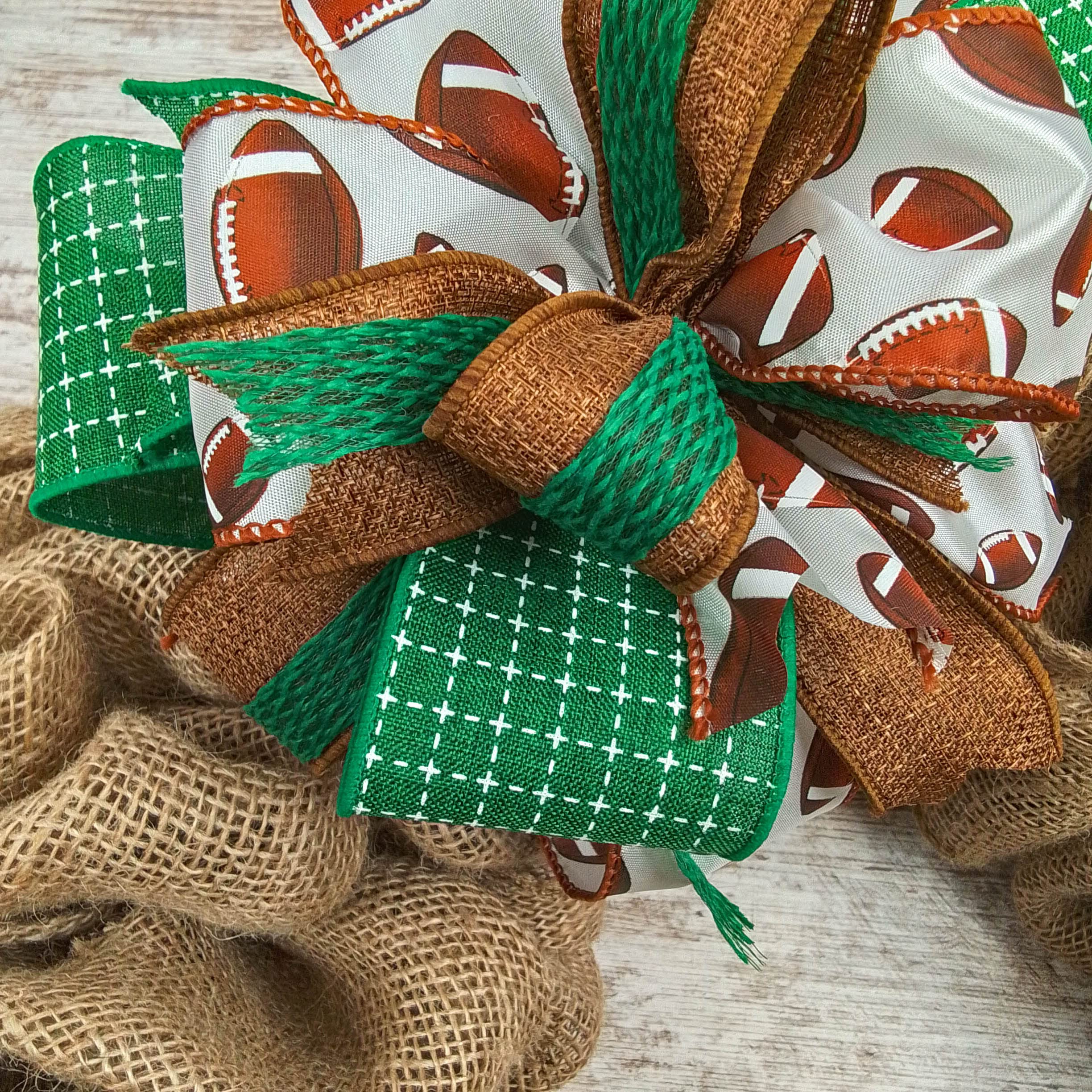 Handmade Burlap Wreath Bow Embellishments - Farmhouse Style Layered Lantern Wreath Decor (Set of 10, Green/Brown Football Theme) - Perfect for DIY Wreath Making, Front Door Decor, and Seasonal Home Decoration