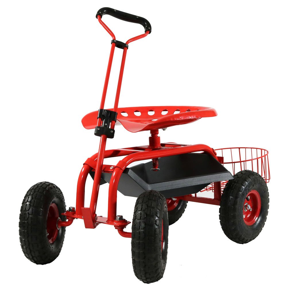 Sunnydaze Rolling Garden Stool with Wheels - Extendable Handle, Swivel Seat & Utility Tray - Red Outdoor Gardening Stool for Planting, Weeding & Yard Work