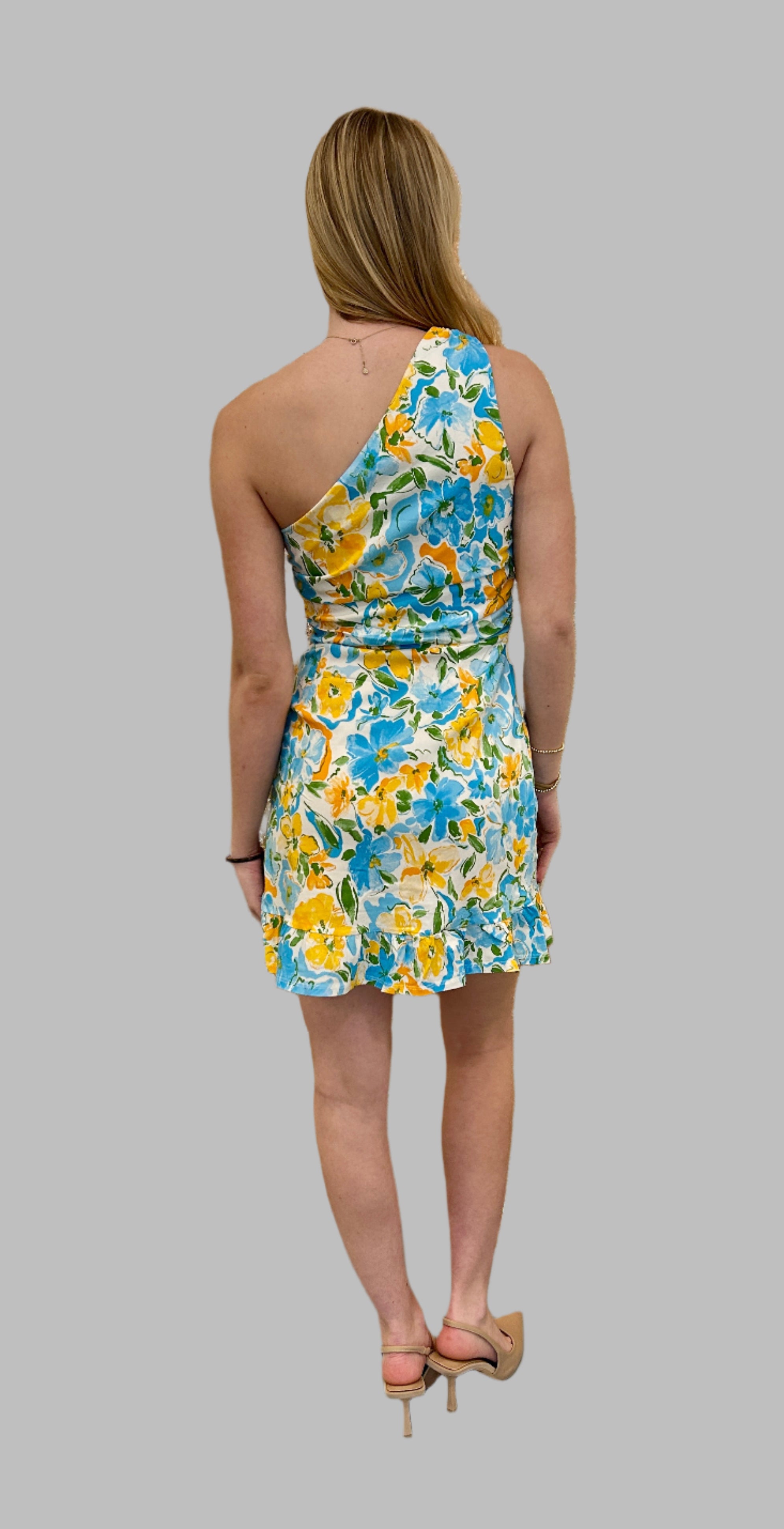 One Shoulder Floral Mini Dress - Blue, Green & Yellow | Summer Beach Party, Vacation & Date Night Outfit
