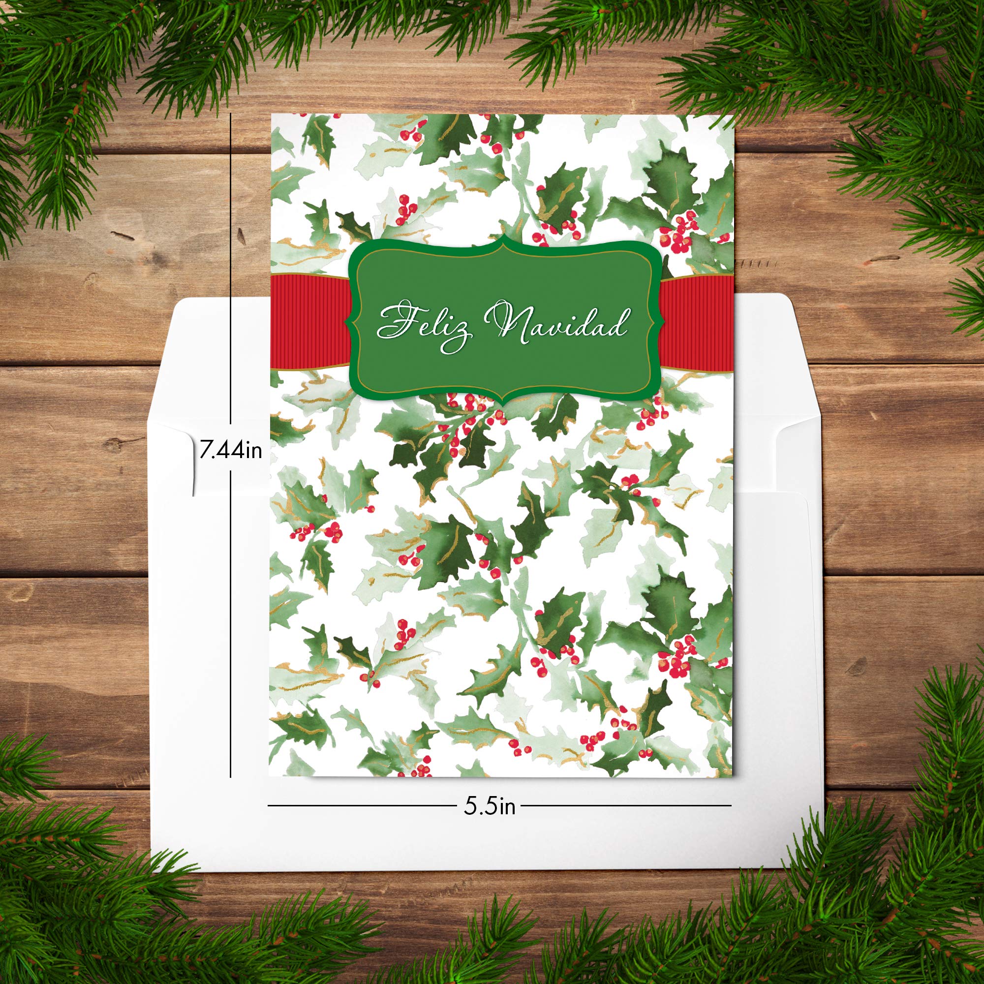 Designer Greetings Spanish Christmas Cards Box Set - 18 Gold Foil Embossed Navidad Greeting Cards with Envelopes | Hojas Navideñas & Holly Design | Perfect for Holiday Gifts, Office Greetings & Family Celebrations