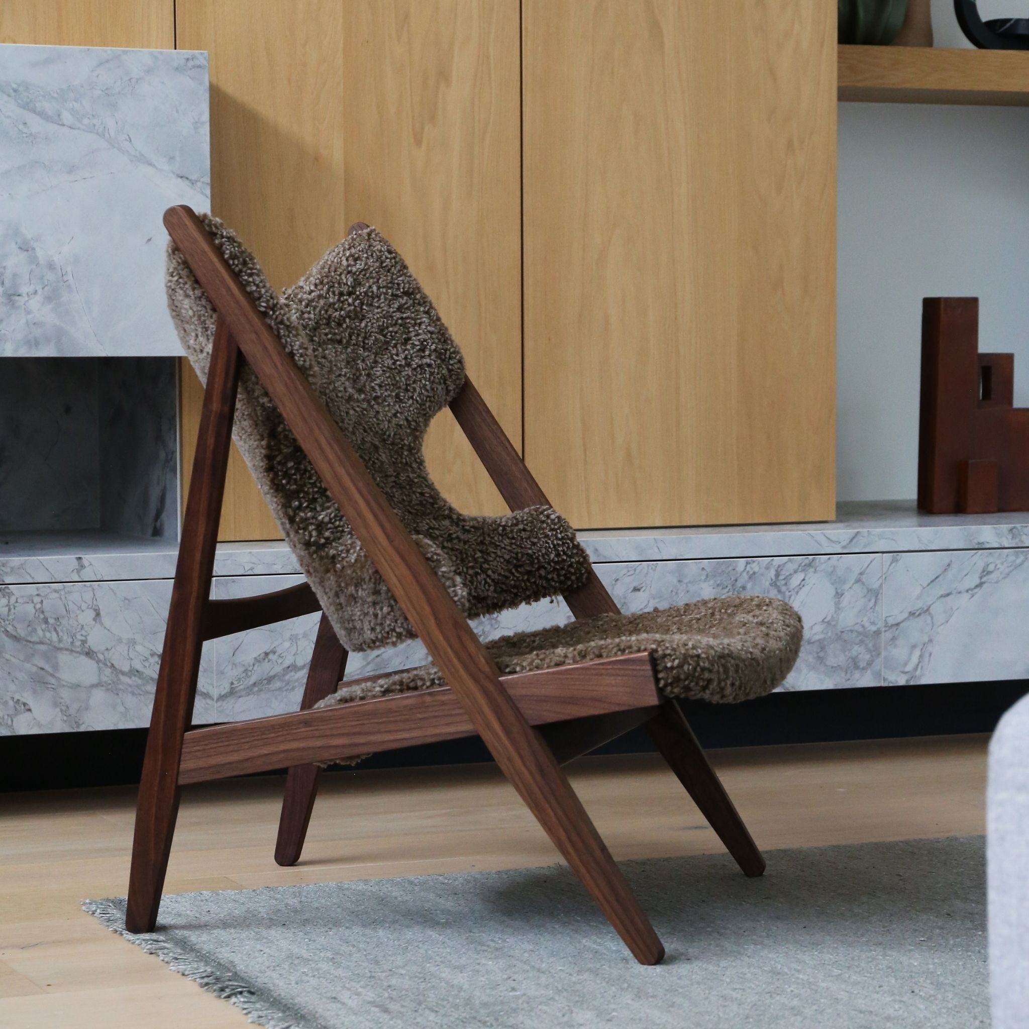 AUDO CPH Knitting Lounge Chair with Walnut Base & Sheepskin Upholstery in Sahara - Modern Scandinavian Design for Living Room, Bedroom, or Office Relaxation